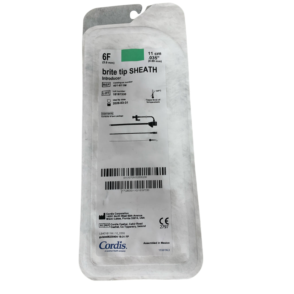 CORDIS 401-611M Brite Tip Sheath Introducer 6F 2.0 mm 11 cm .035 inch 0.89 mm Exp 2026 03
