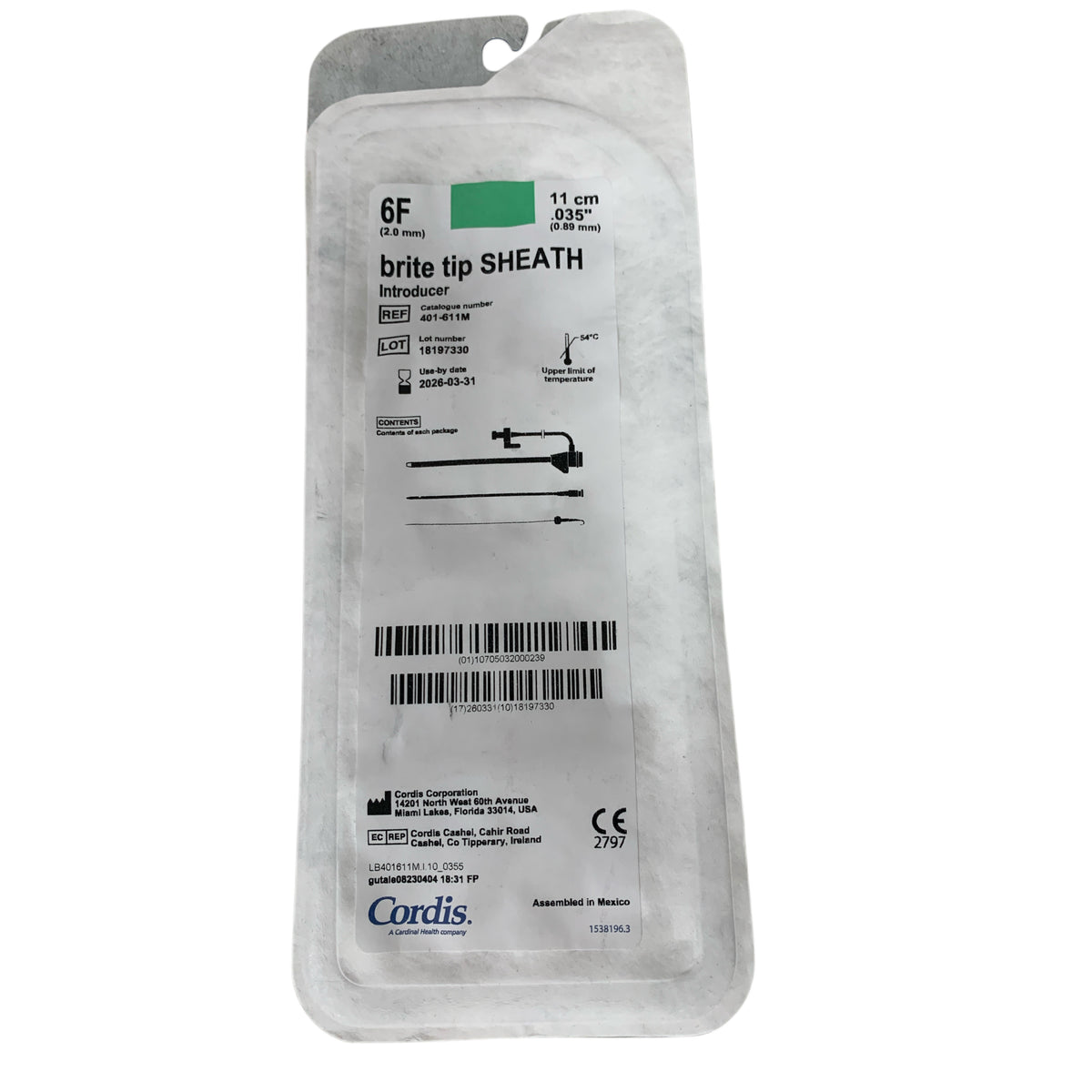 CORDIS 401-611M Brite Tip Sheath Introducer 6F 2.0 mm 11 cm .035 inch 0.89 mm Exp 2026 03