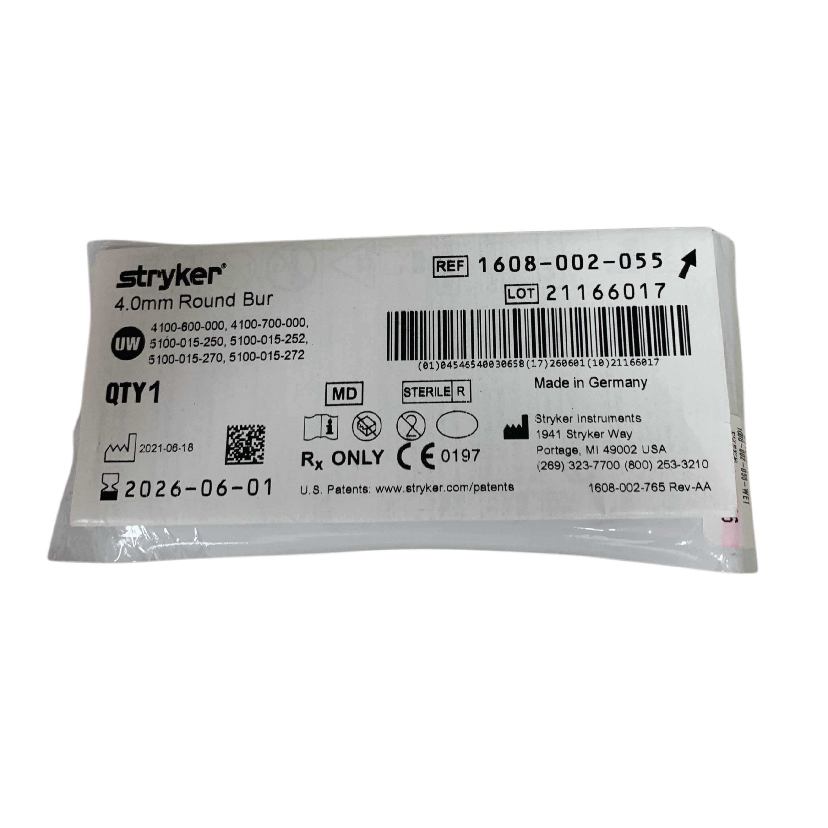 STRYKER 1608-002-055 4.0mm Round Bur Exp 2026 06