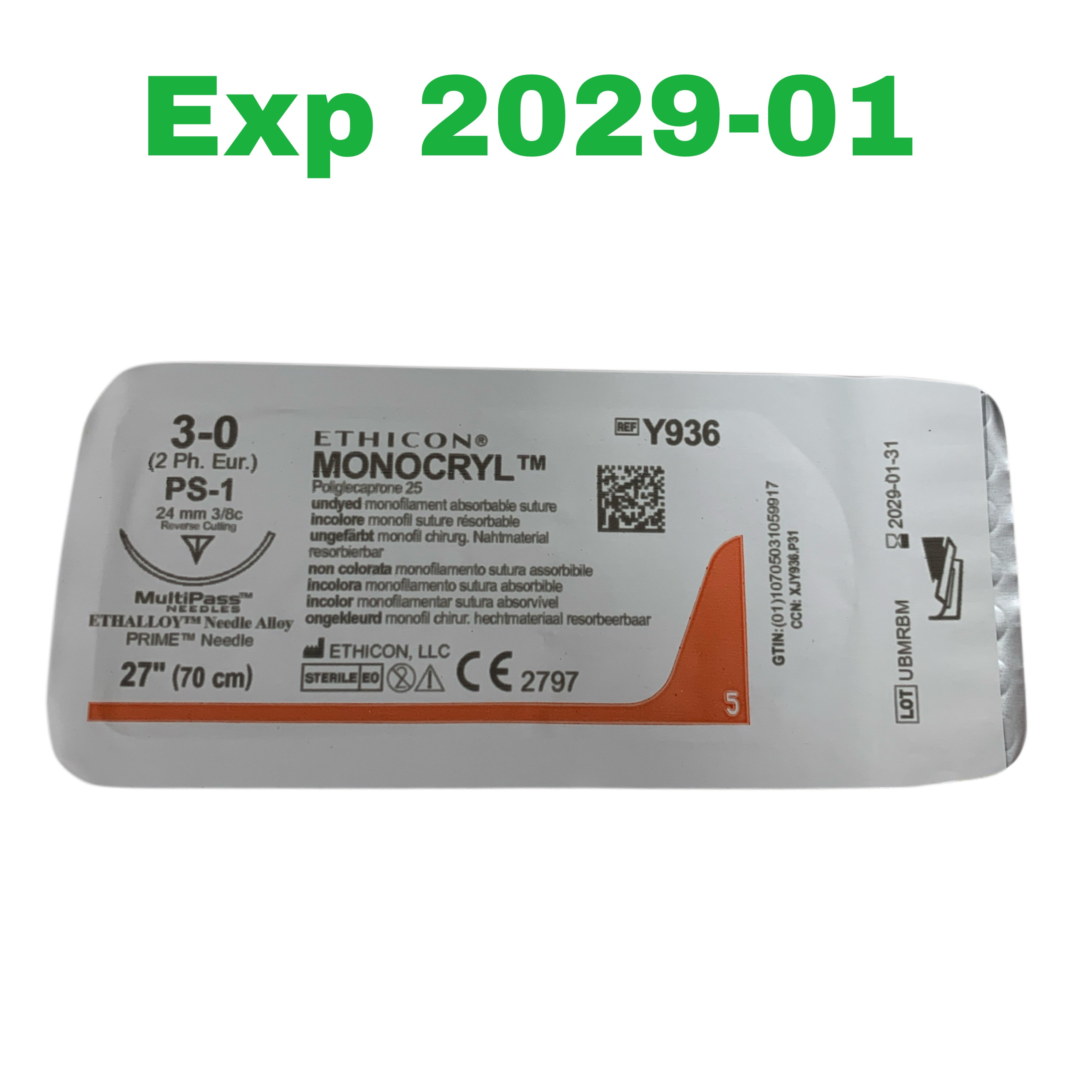 ETHICON REF Y936H Monocryl 3-0 Suture PS-1 24mm 3/8c Reverse Cutting 27" (70cm), Exp.2029/01