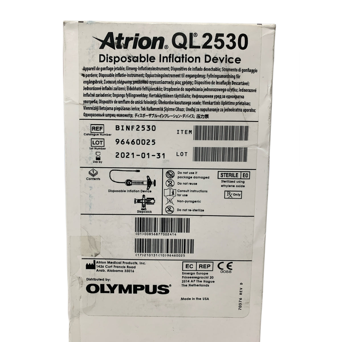 ATRION BINF2530 QL2530 Disposable Inflation Device Exp 2021 01