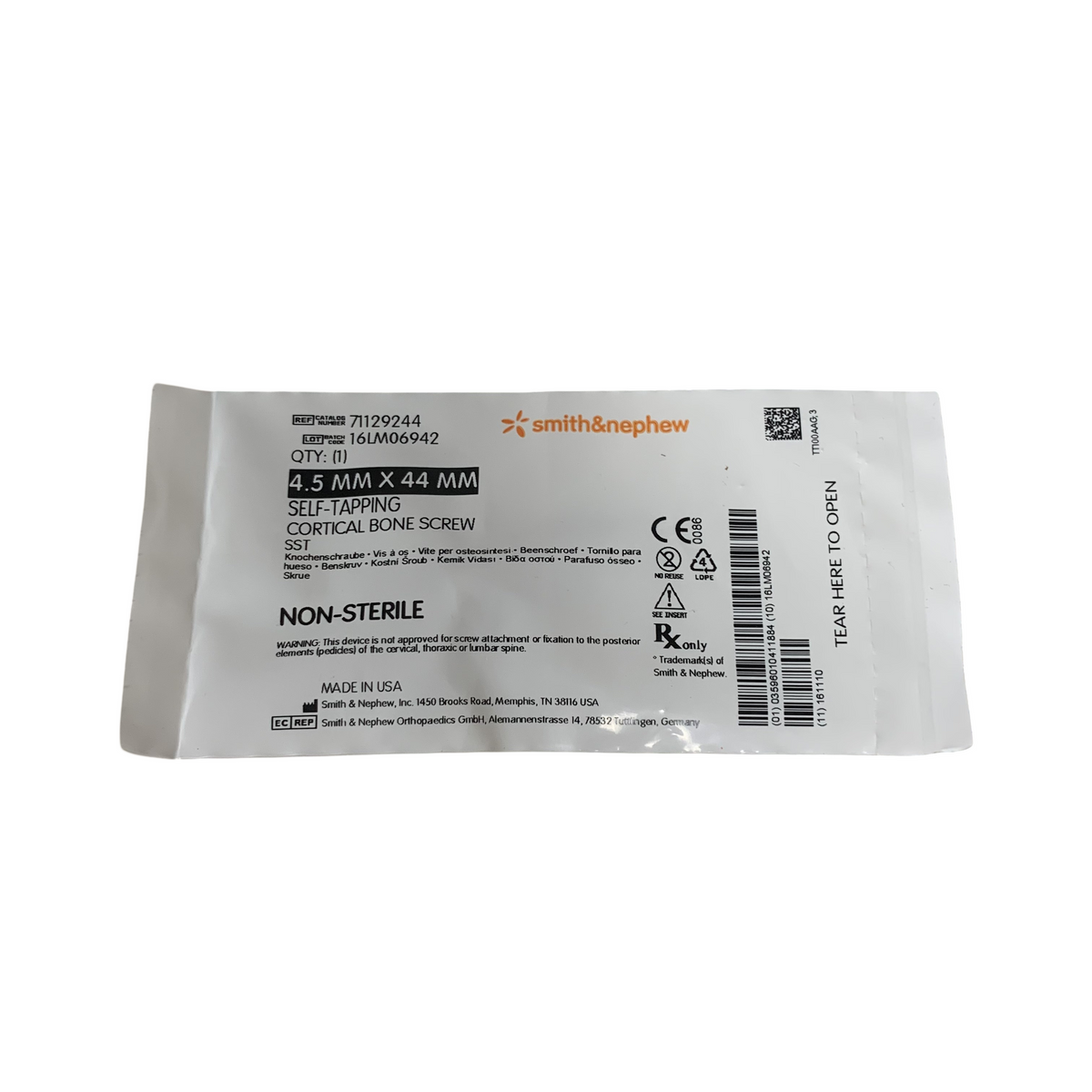 SMITH & NEPHEW 71129244  Self-Tapping Cortical Bone Screw SST 4.5 MM X 44 MM