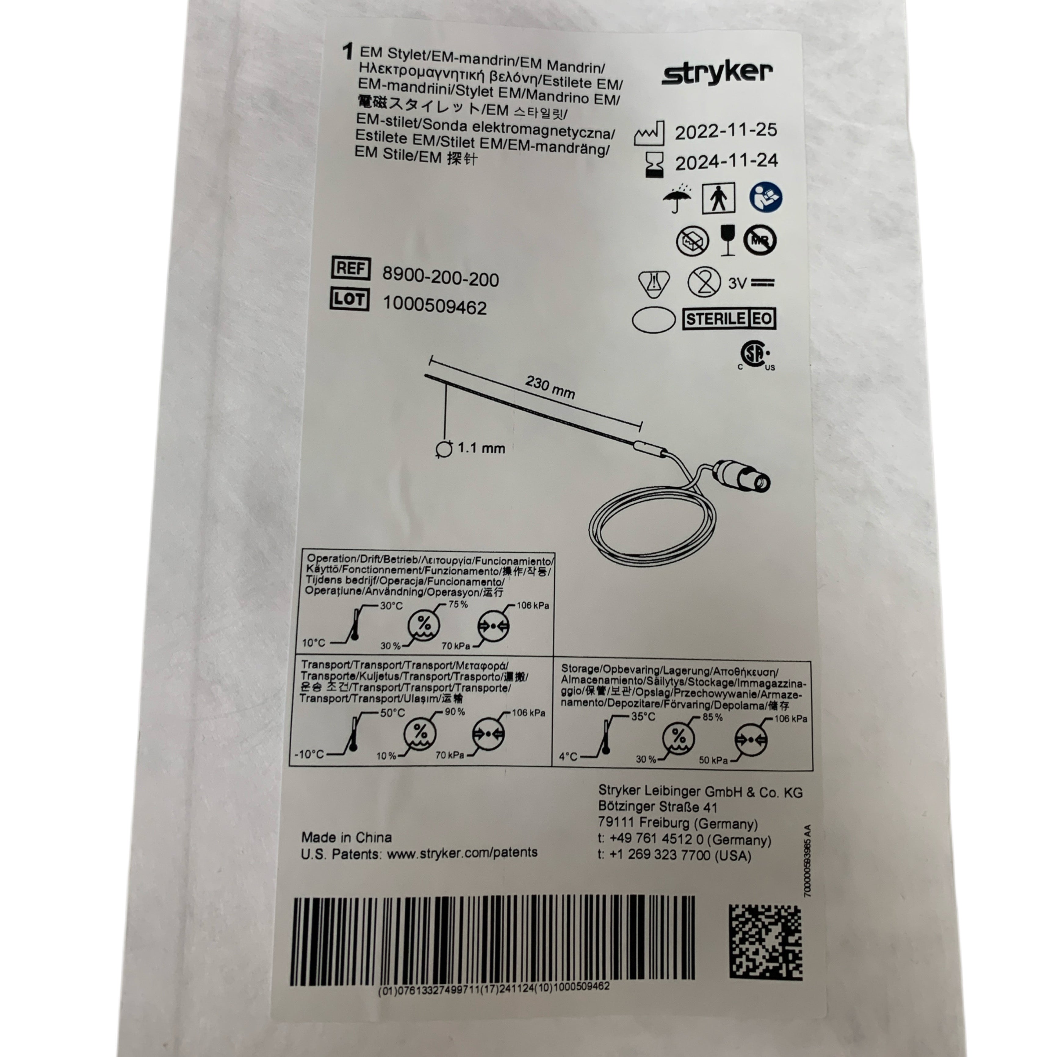 STRYKER REF 8900-200-200 EM Stylet EM-Mandrin 230mm x 1.1mm, Exp.2024/11