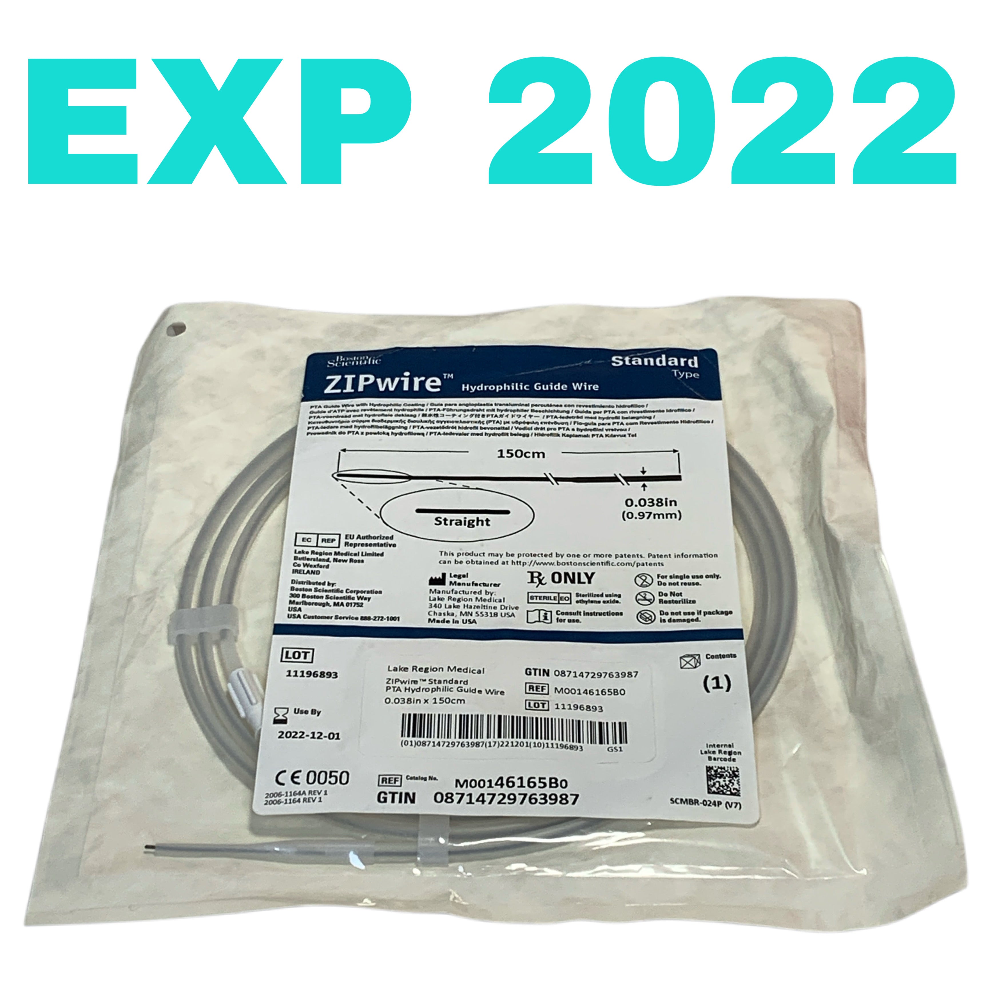 BOSTON SCIENTIFIC REF M00146165B0 ZIPwire Hydrophilic Guide Wire Standard Type Straight 0.038in x 150cm, Exp.2022/12
