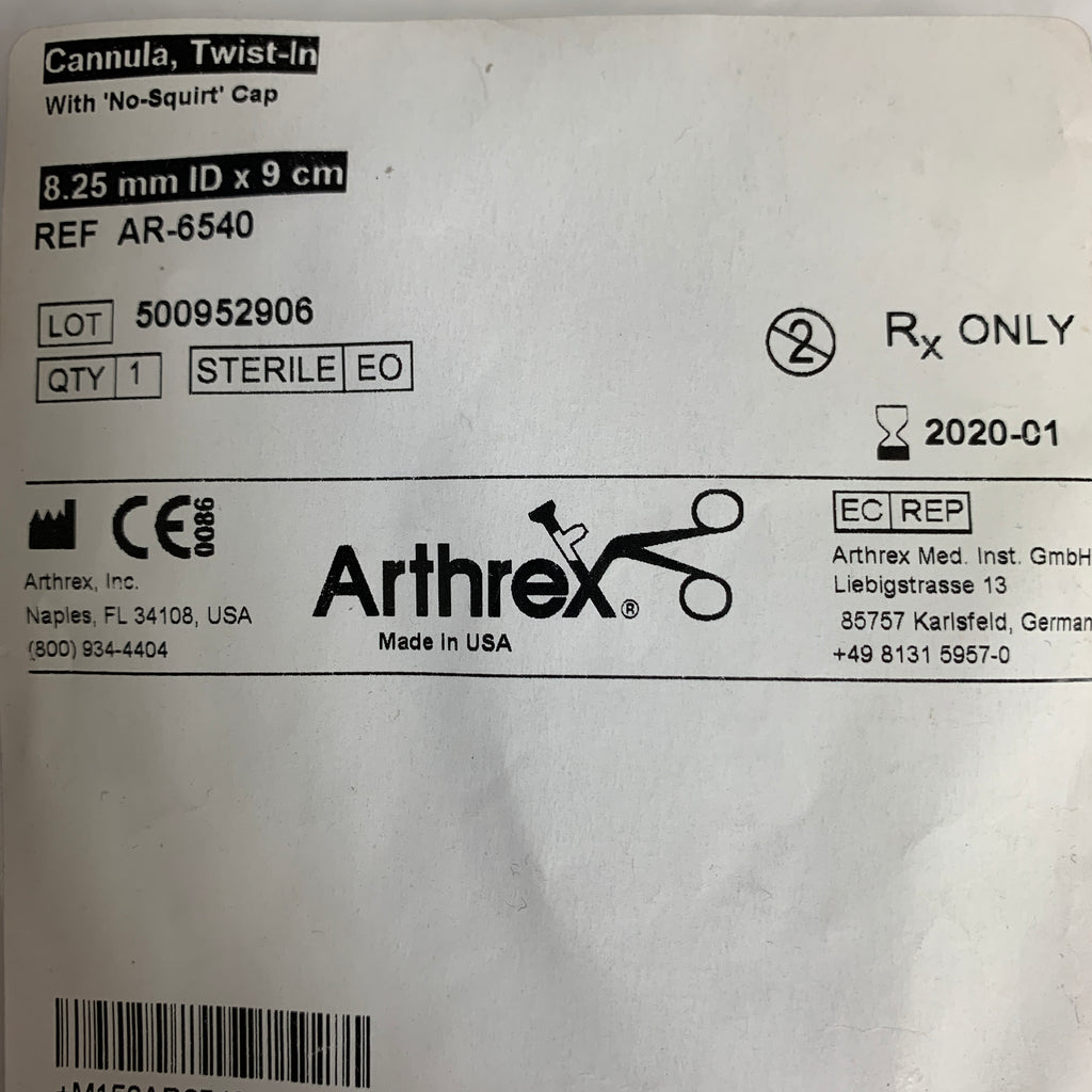 ARTHREX AR-6540 Twist-In Cannula with No-Squirt Cap 8.25mm ID x 9cm, EXP 2018-07
