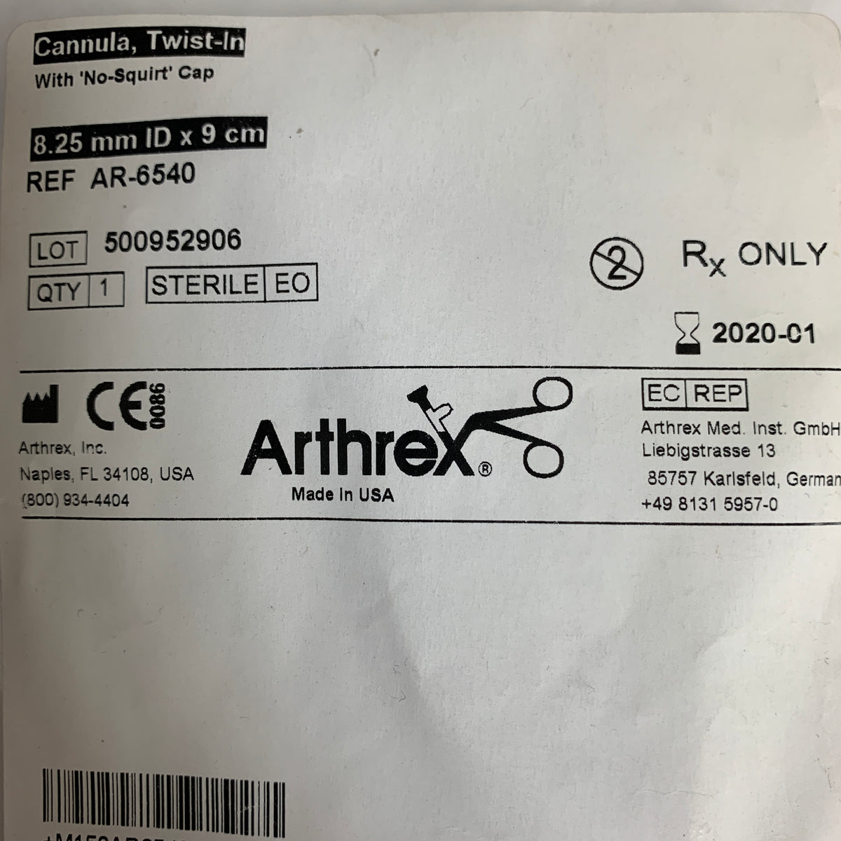 ARTHREX AR-6540 Twist-In Cannula with No-Squirt Cap 8.25mm ID x 9cm, EXP 2018-07