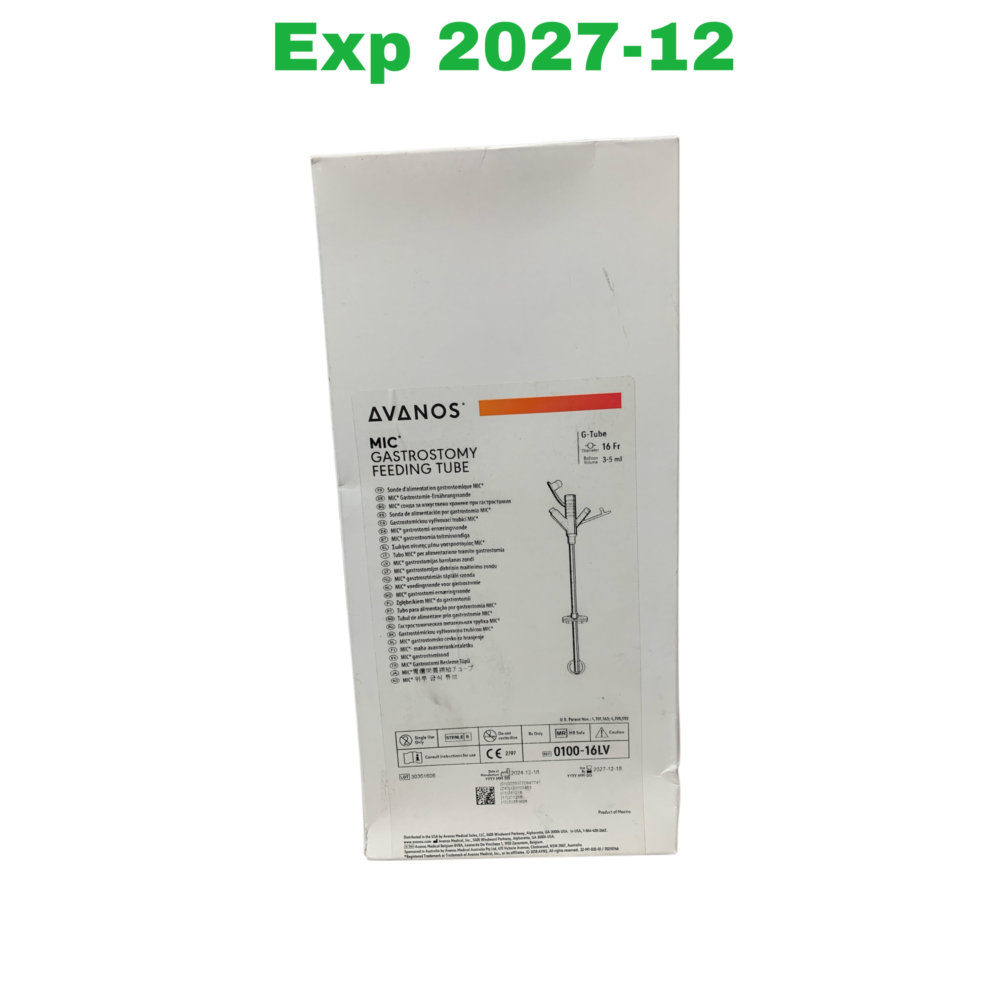AVANOS REF 0100-16LV MIC Gastrostomy Feeding Tube G-Tube 16 Fr 3-5 ml, Exp.2027/12