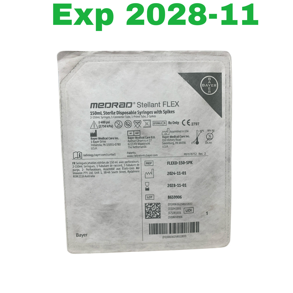 BAYER FLEXD-150-SPK Medrad Stellant FLEX 150mL Sterile Disposable Syringes with Spikes Exp 202811
