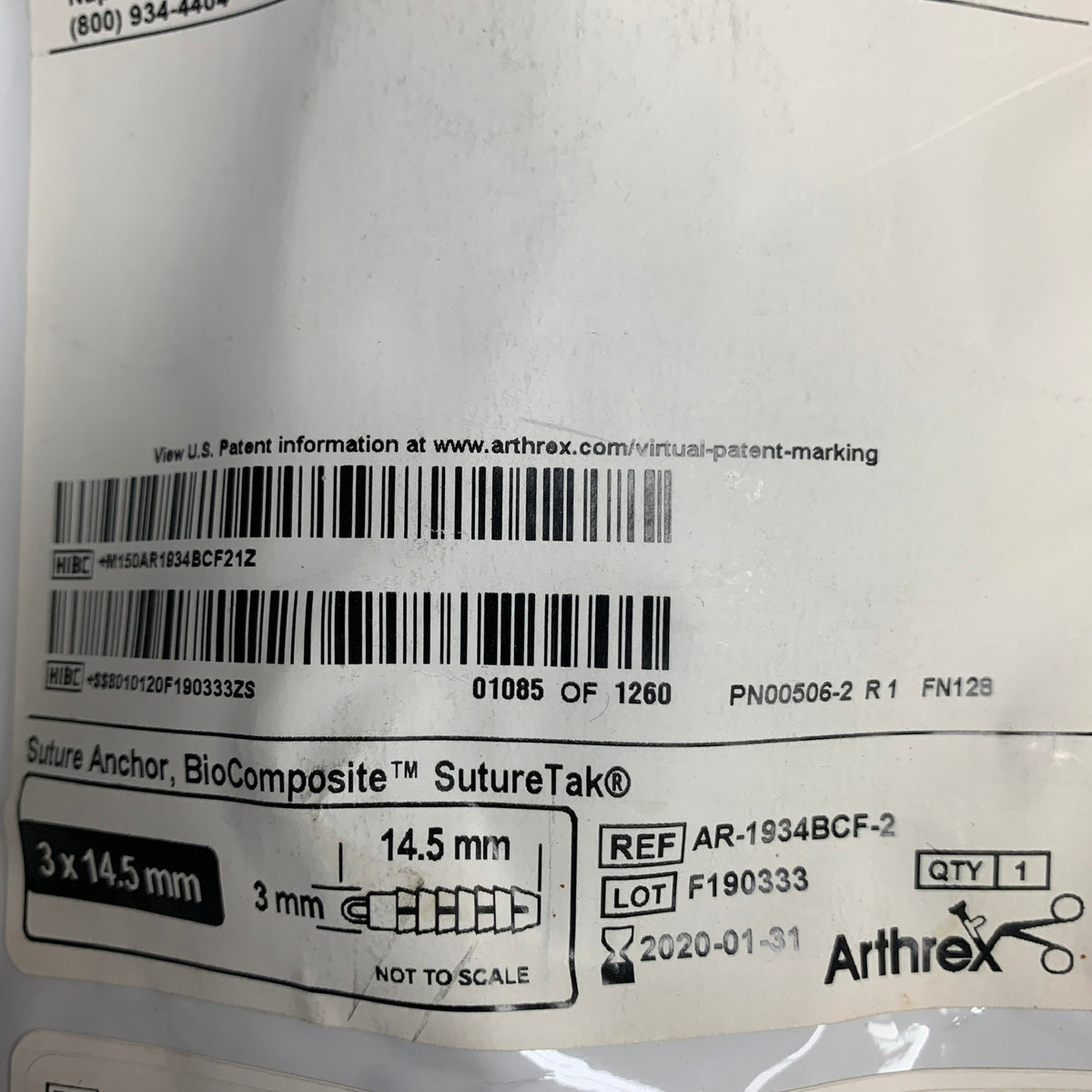 ARTHREX AR-1934BCF-2 BioComposite SutureTak Suture Anchor 3 x 14.5 mm, EXP 2020-01