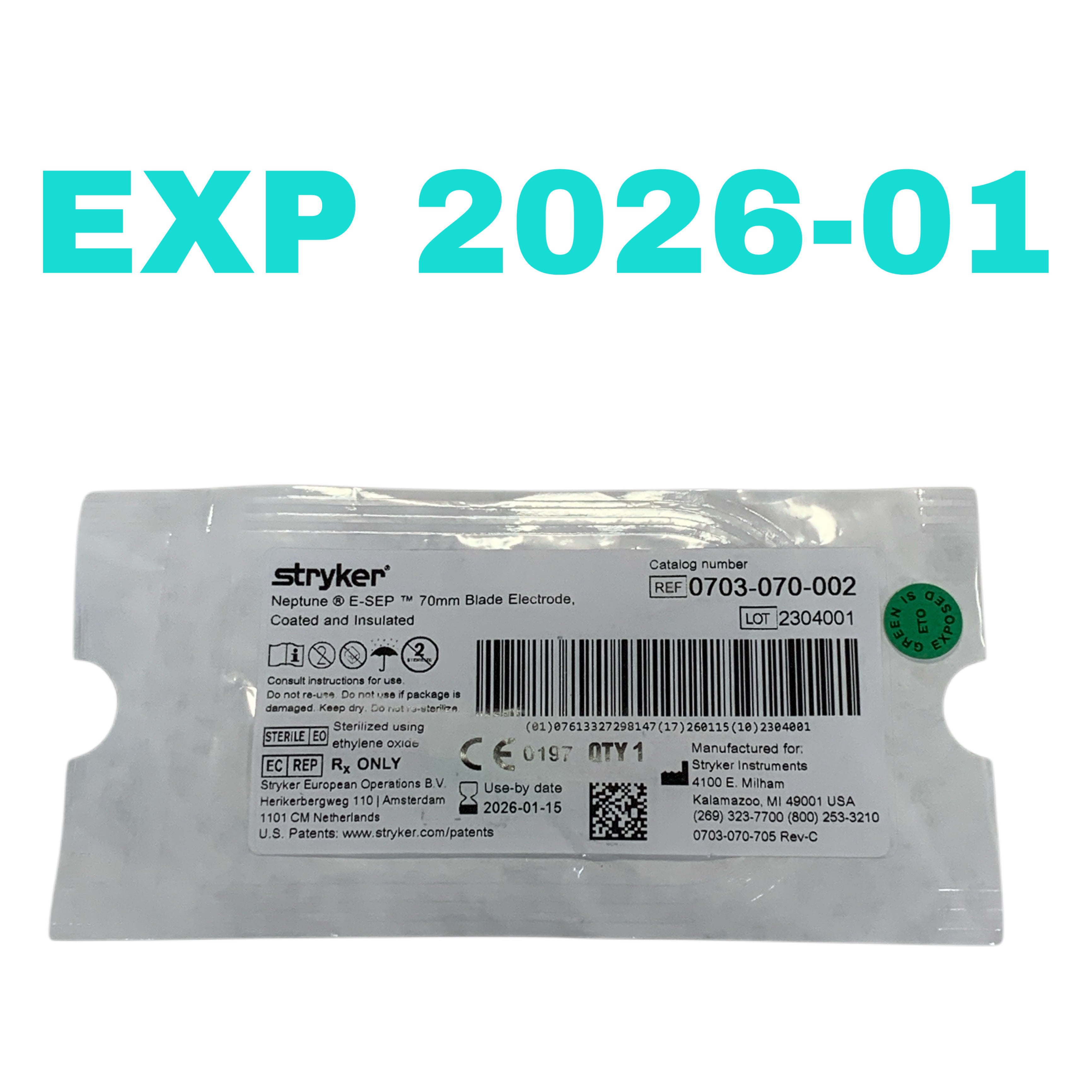 STRYKER REF 0703-070-002 Neptune E-SEP 70mm Blade Electrode Coated Insulated, EXP.2026/01