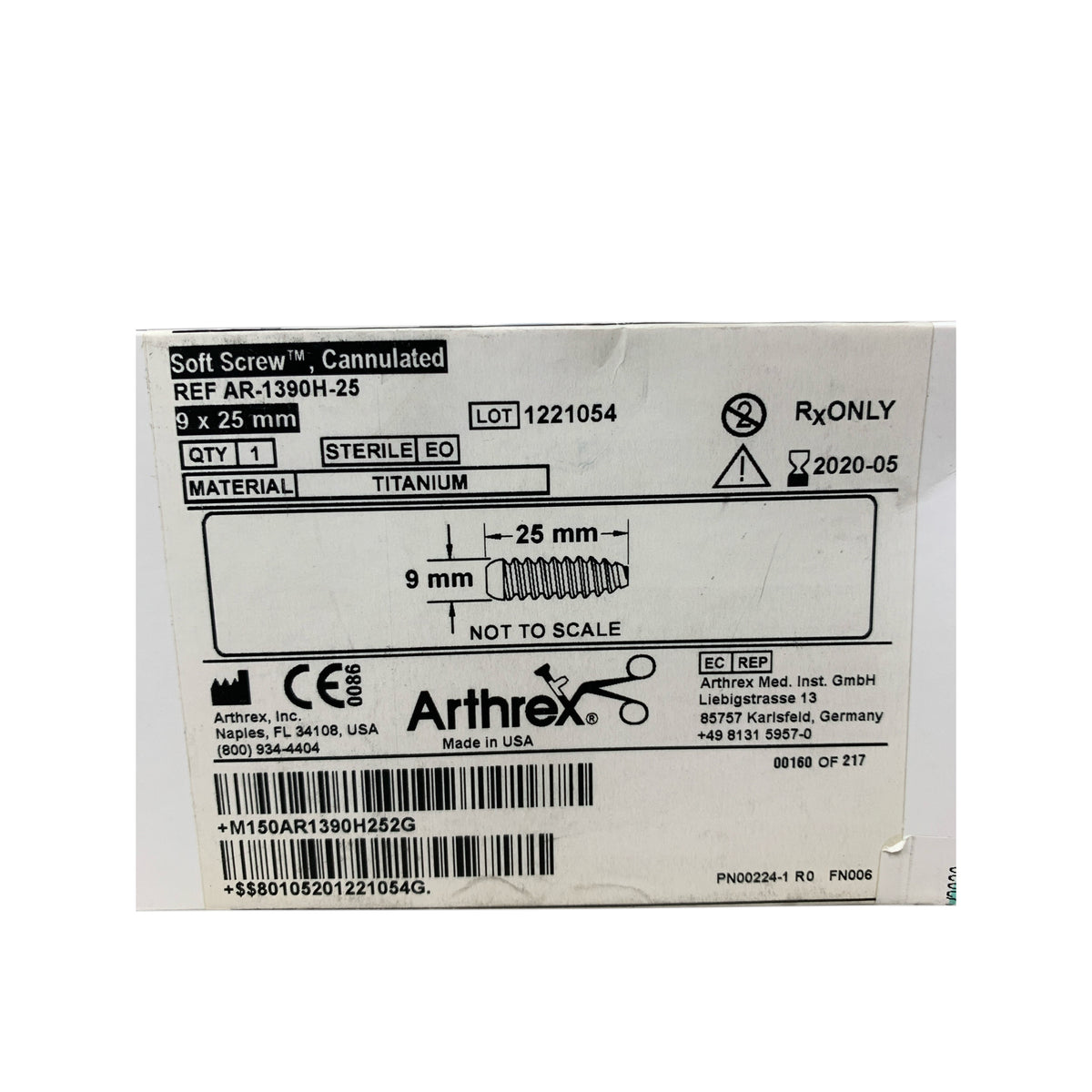 ARTHREX AR-1390H-25 Soft Screw Cannulated Titanium 9 x 25 mm Exp 2020 05