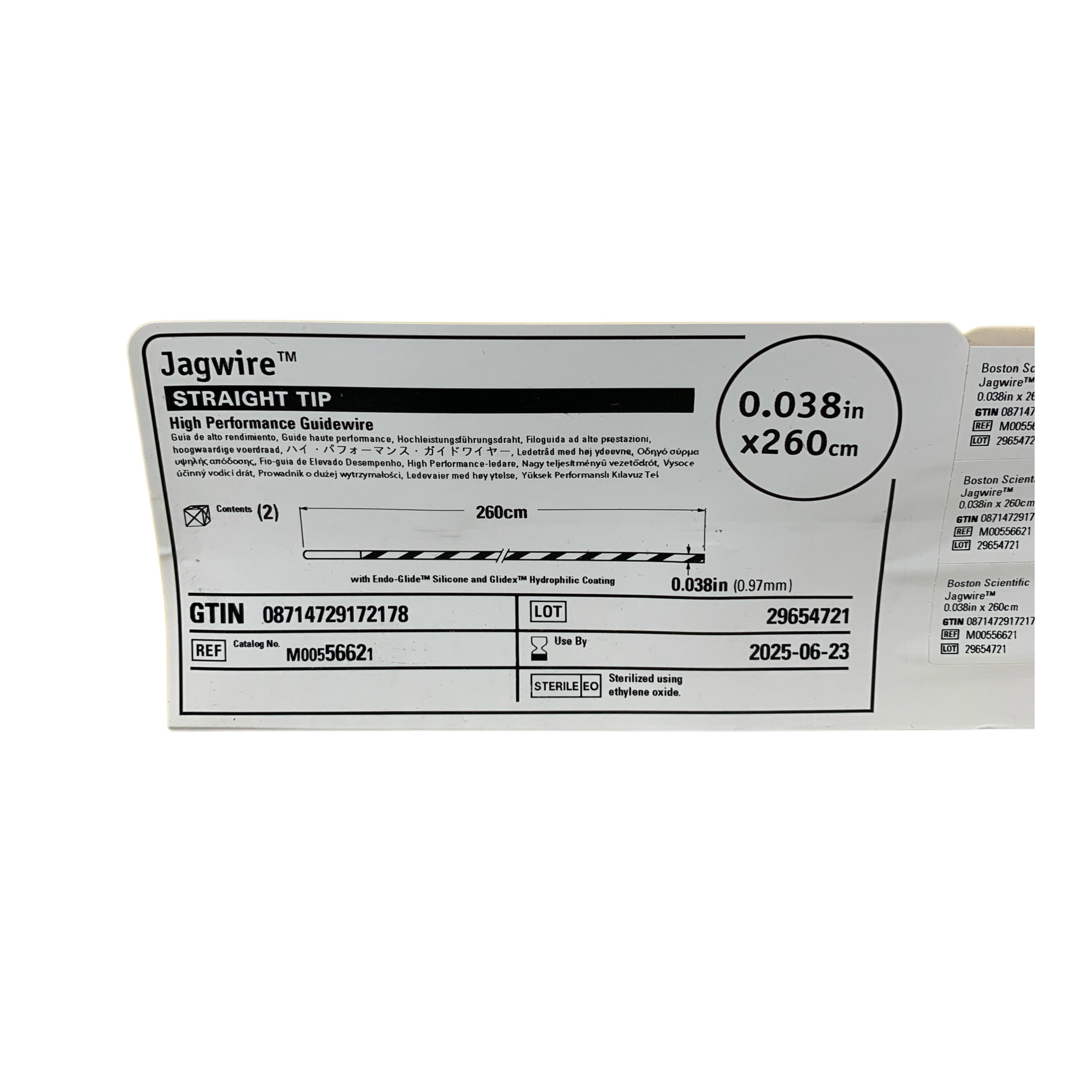 BOSTON SCIENTIFIC REF M00556621 Jagwire Straight Tip High Performance Guidewire 0.038in x 260cm, Exp.2025/06