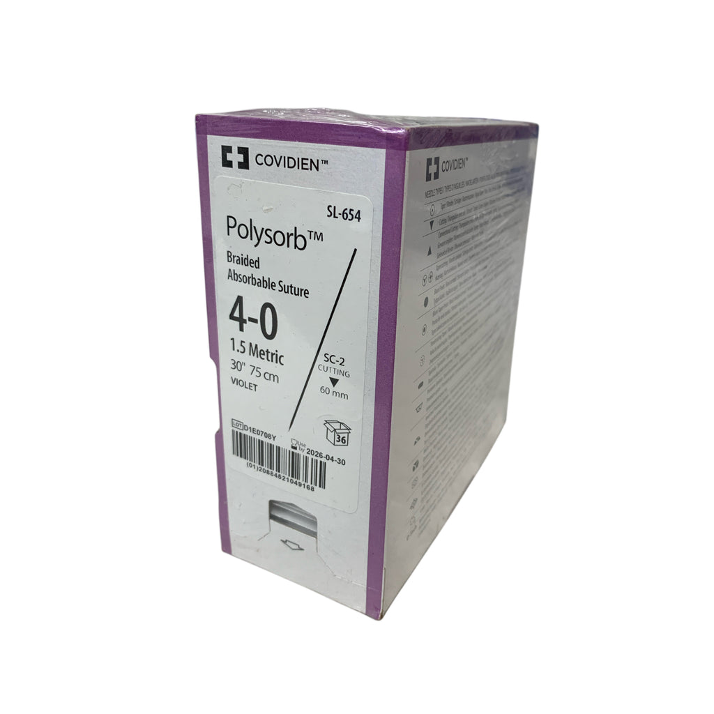 COVIDIEN REF SL-654 Polysorb 4-0 Braided Absorbable Suture, SC-2 Cutting 60mm Needle, 30" 75cm Violet, Box of 36, Exp.2026/04