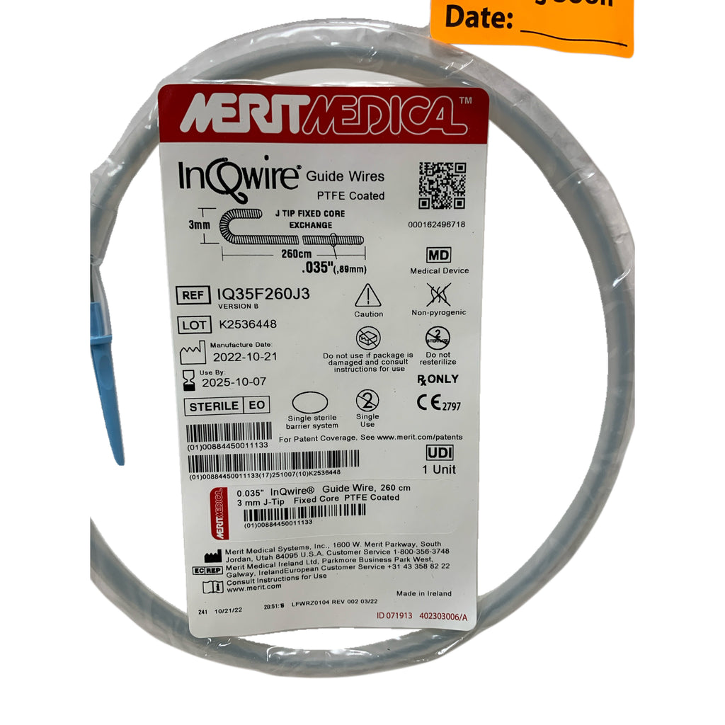 MERIT MEDICAL REF IQ35F260J3 InQwire PTFE Coated Guide Wire 0.035" 260cm 3mm J-Tip Fixed Core, Exp.2025/10