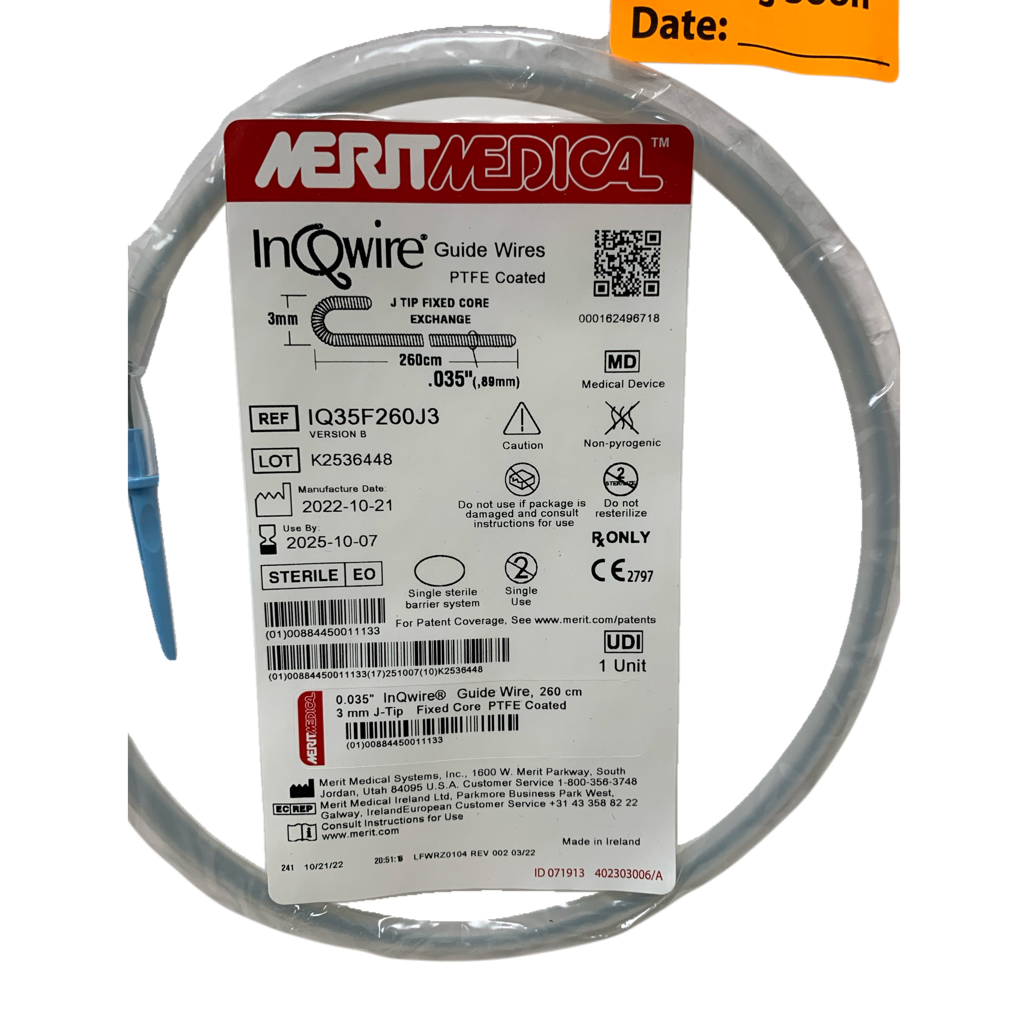 MERIT MEDICAL REF IQ35F260J3 InQwire PTFE Coated Guide Wire 0.035" 260cm 3mm J-Tip Fixed Core, Exp.2025/10