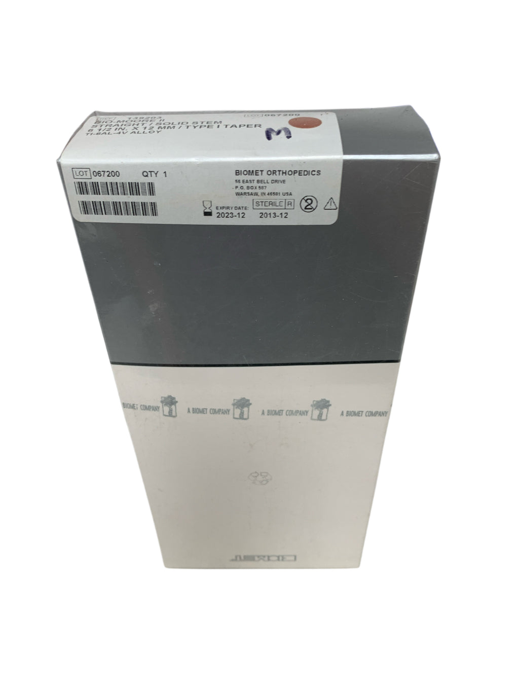 BIOMET REF 139203 BIO-MOORE II Straight Solid Stem 6 1/2 in. x 12 mm Type I Taper Ti-6AL-4V Alloy Exp.2023/12