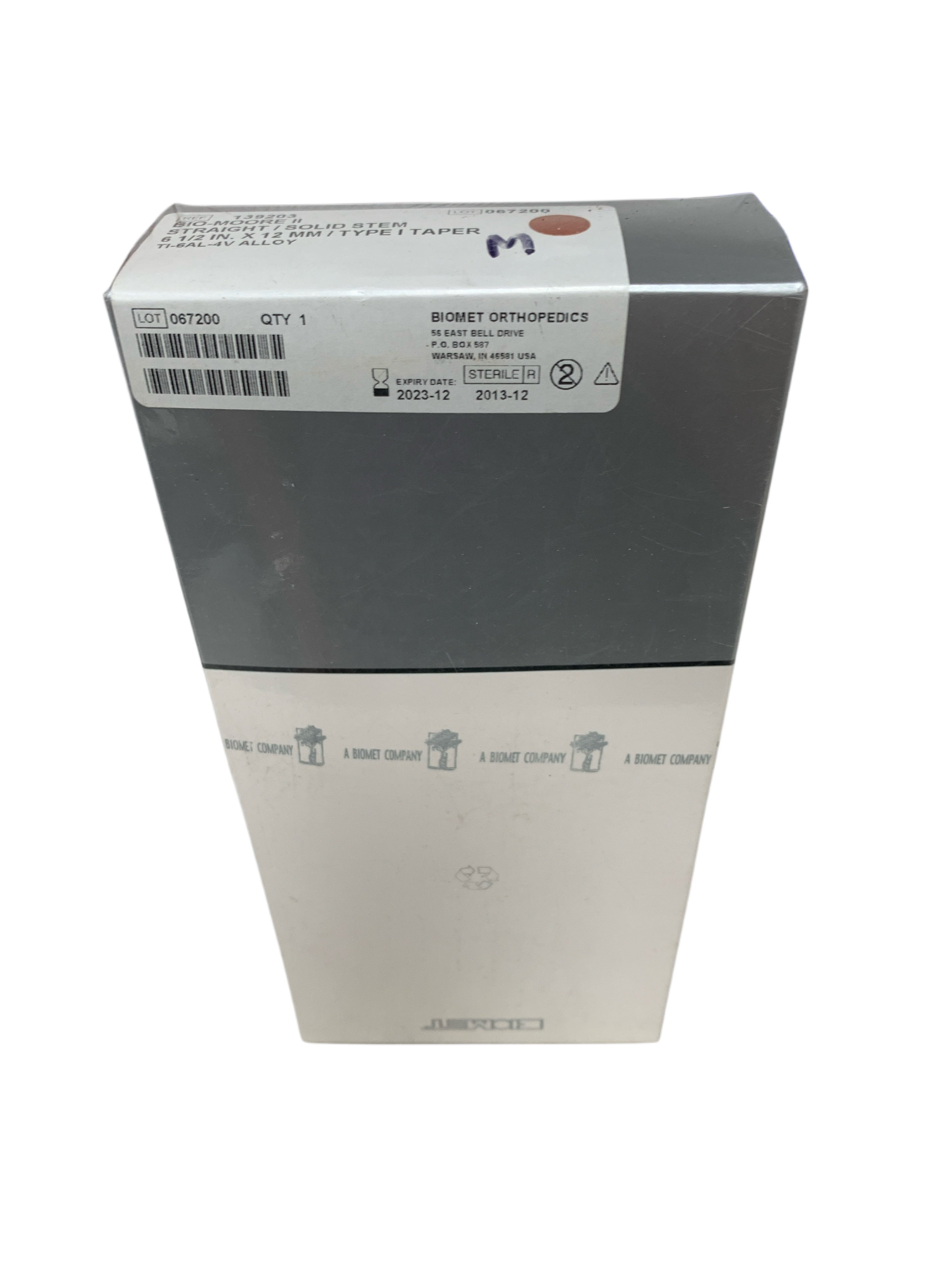 BIOMET REF 139203 BIO-MOORE II Straight Solid Stem 6 1/2 in. x 12 mm Type I Taper Ti-6AL-4V Alloy Exp.2023/12