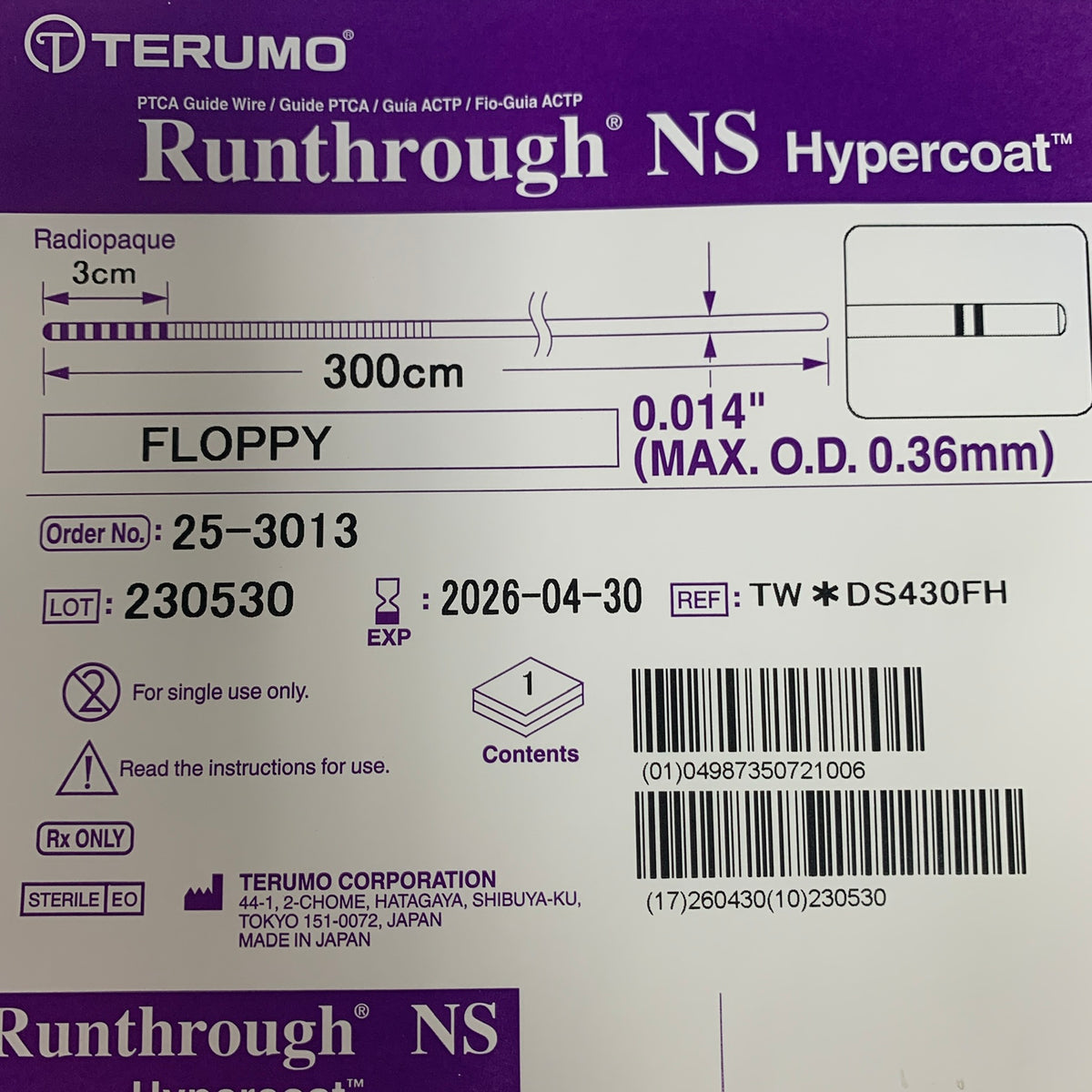 TERUMO 25-3013 Runthrough NS Hypercoat PTCA Guide Wire Floppy 300cm 0.014" EXP 2026 04