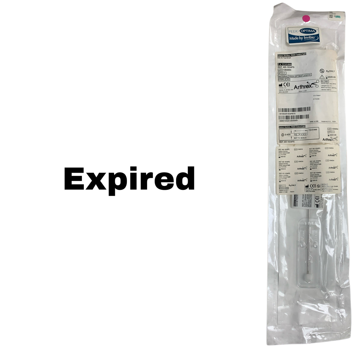 ARTHREX AR-1934PS PEEK SutureTak Suture Anchor 3 x 12.4mm with 2 FiberWire, EXP 2020-05