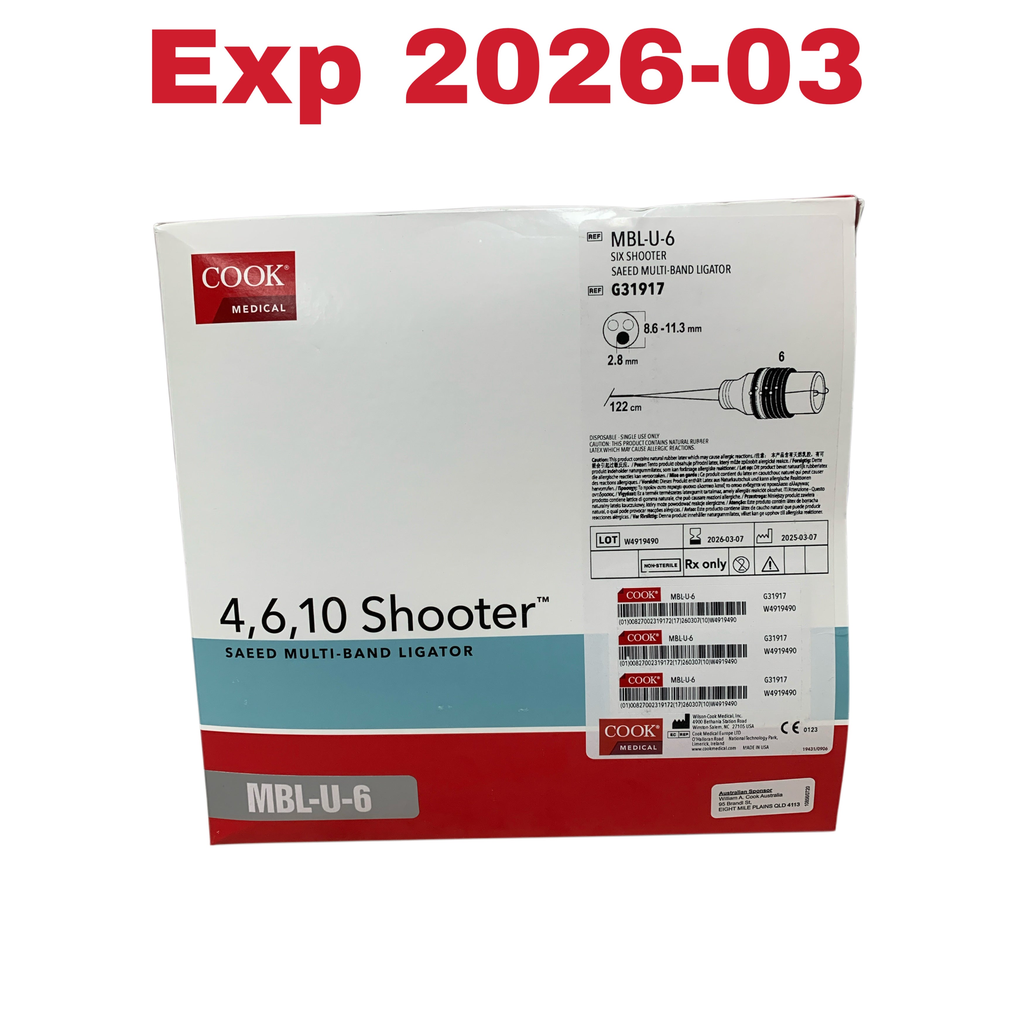 COOK MEDICAL REF MBL-U-6/ G31917 4,6,10 Shooter Saeed Multi-Band Ligator Six Shooter, Exp.2026/03