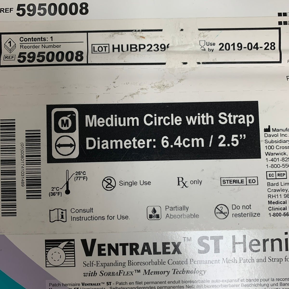 BARD REF 5950008 Ventralex ST Hernia Patch Medium 6.4cm (2.5") with Strap, EXP 2019-04