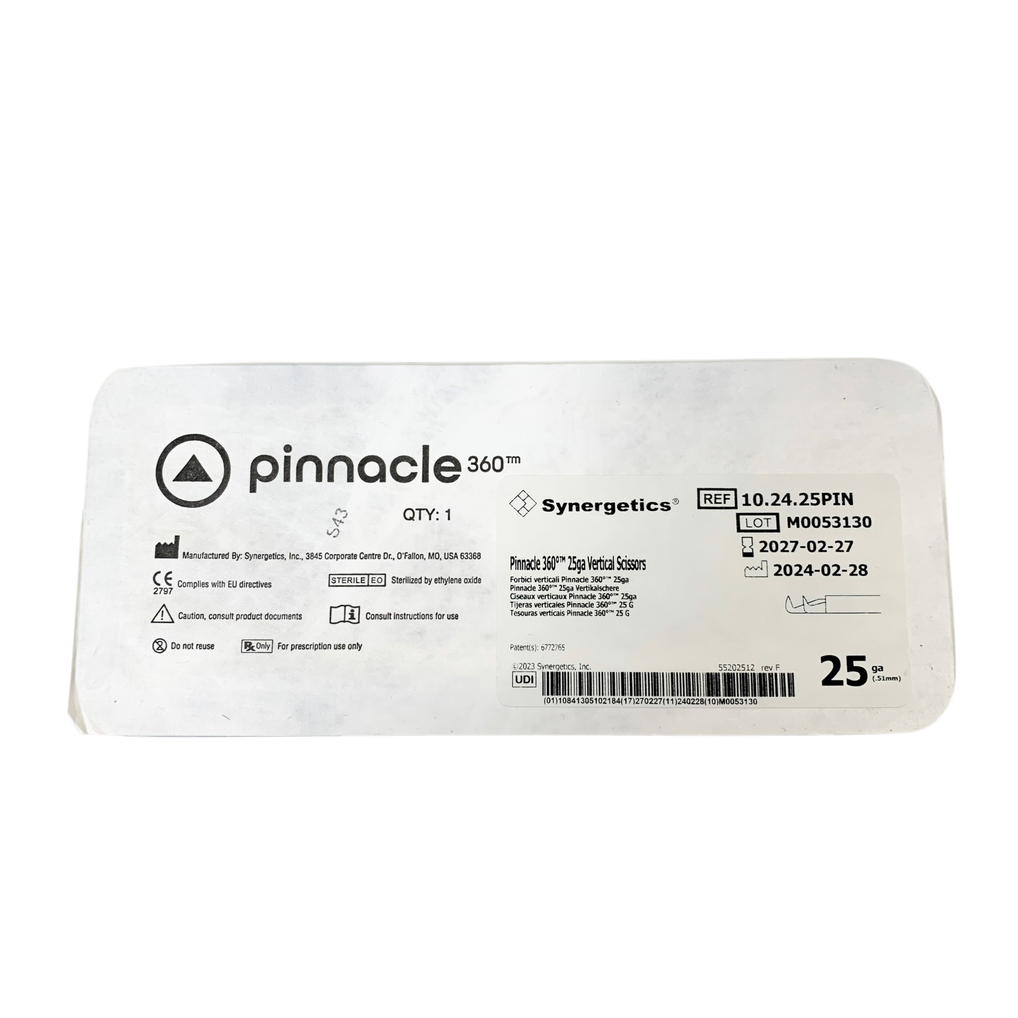 SYNERGETICS REF 10.24.25PIN Pinnacle 360 25ga Vertical Scissors, EXP.2027-02