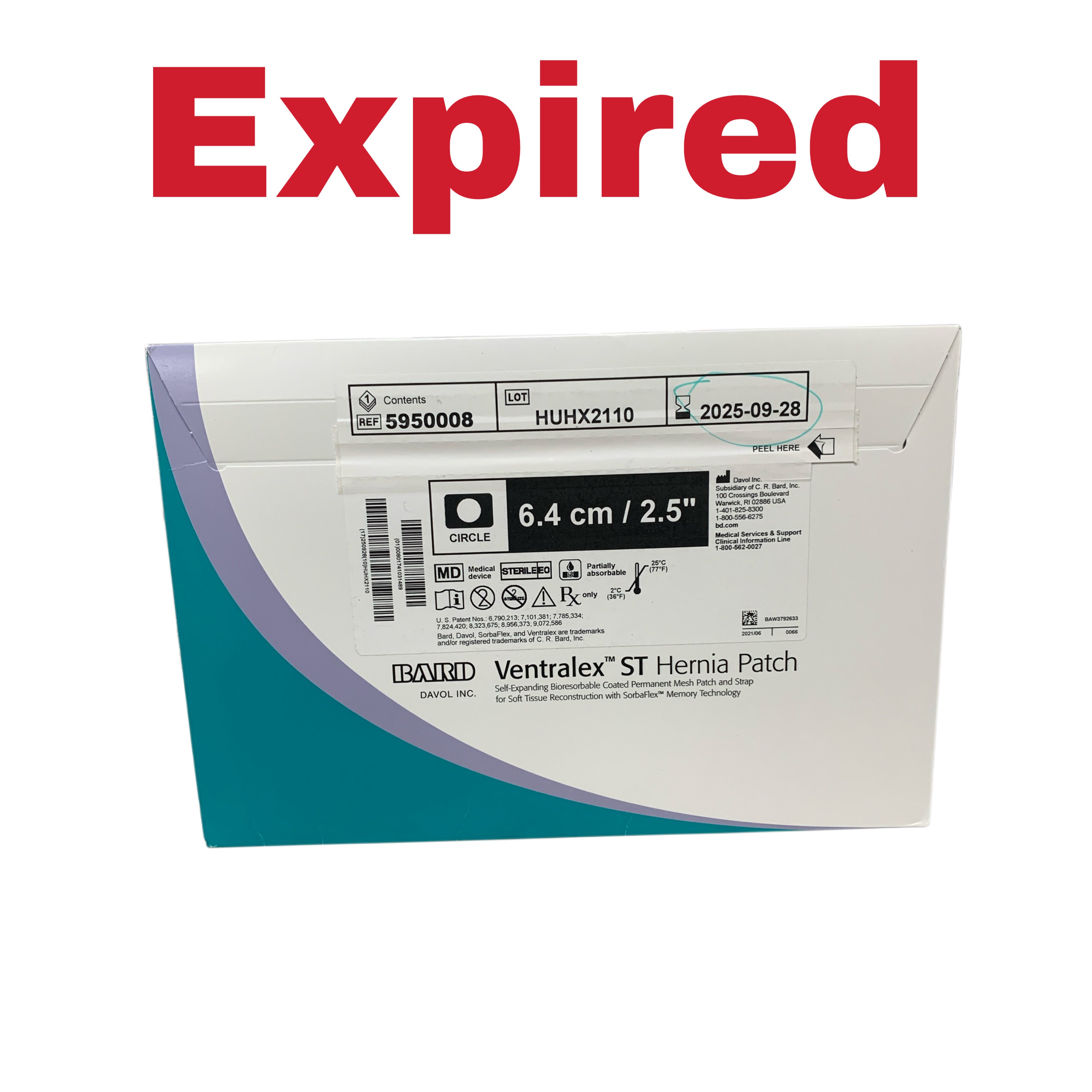BARD REF 5950008 Ventralex ST Hernia Patch 6.4 cm 2.5" Circle(Davol Inc), Exp.2025/09