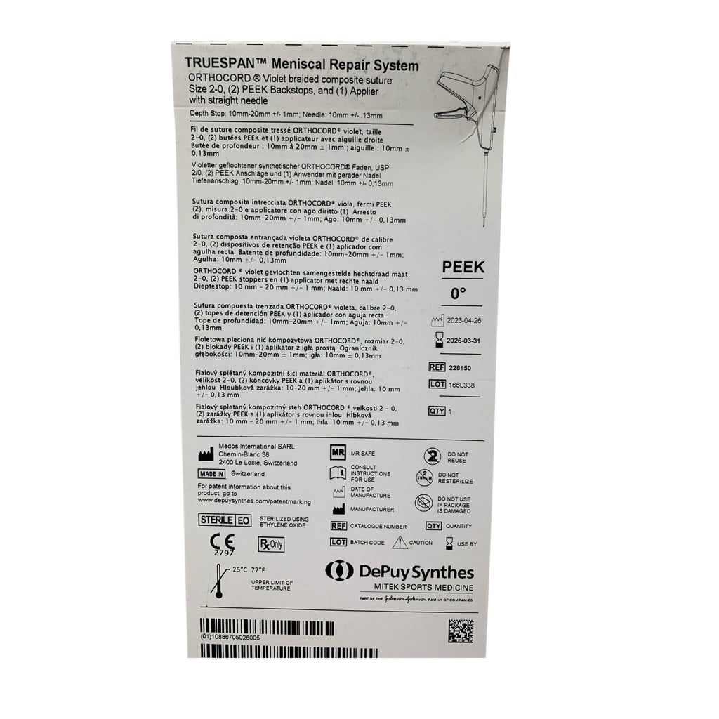 DEPUY MITEK 228150 2-0 Truespan Meniscal Repair System Orthocord Violet Braided Composite Suture PEEK 0 Deg Exp 2026 03