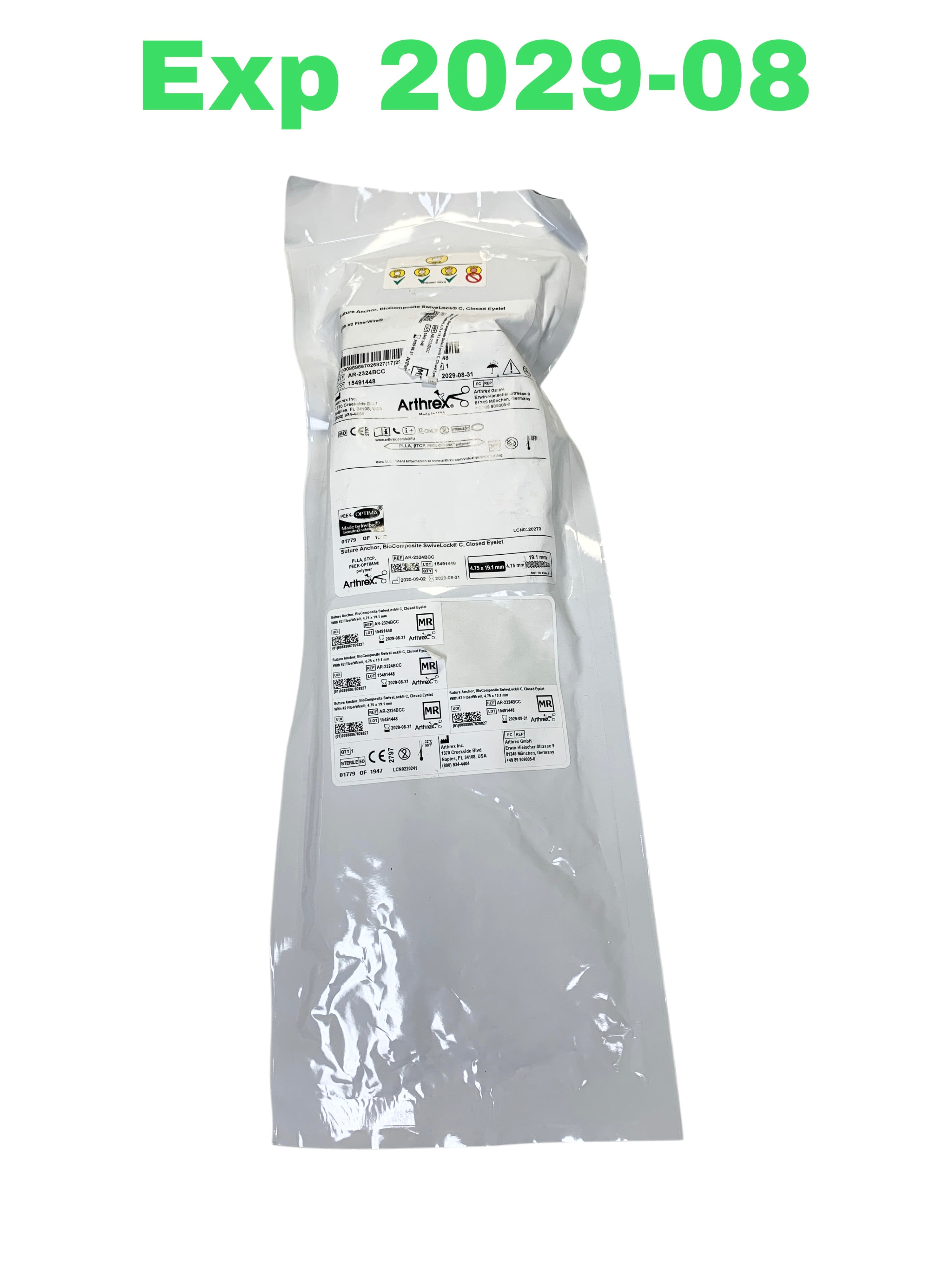 ARTHREX AR-2324BCC BioComposite SwivelLock C Suture Anchor with #2 FiberWire, 4.75mm x 19.1mm, Exp.2029/08