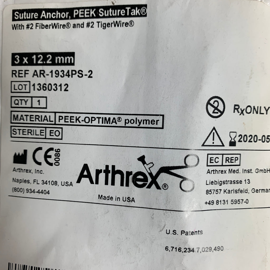 ARTHREX AR-1934PS-2 PEEK SutureTak Suture Anchor 3 x 12.2mm 2 FiberWire & TigerWire, EXP 2020-05