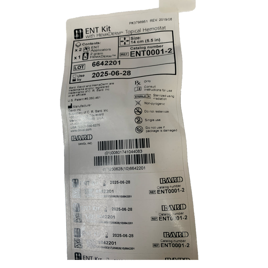 BARD DAVOL ENT0001-2 ENT Kit with HEMADERM Topical Hemostat 14 cm 5.5 in EXP 2025 06
