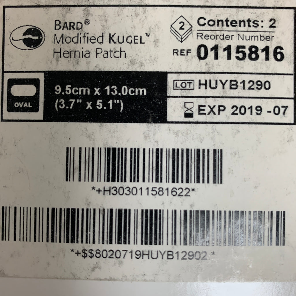 BARD REF 0115816 Modified Kugel Hernia Patch 9.5cm x 13.0cm (3.7" x 5.1"), EXP 2019-07