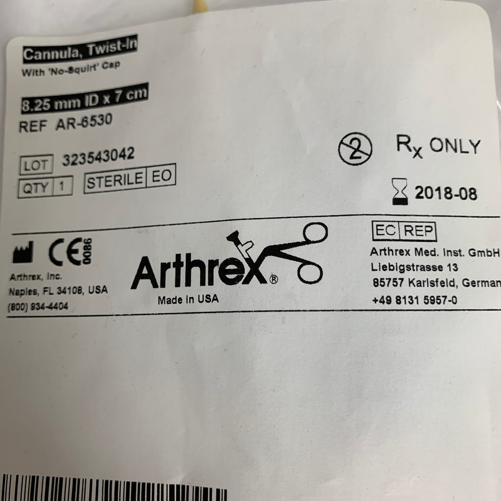 ARTHREX AR-6530 Twist-In Cannula with 'No-Squirt' Cap 8.25mm ID x 7cm, EXP 2018-08