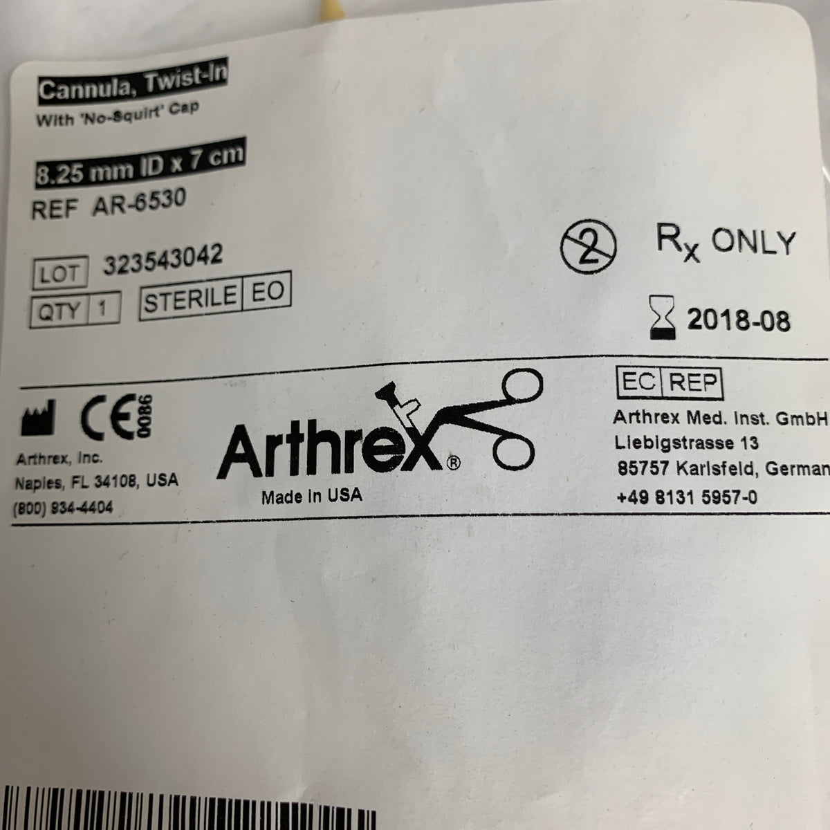 ARTHREX AR-6530 Twist-In Cannula with 'No-Squirt' Cap 8.25mm ID x 7cm, EXP 2018-08