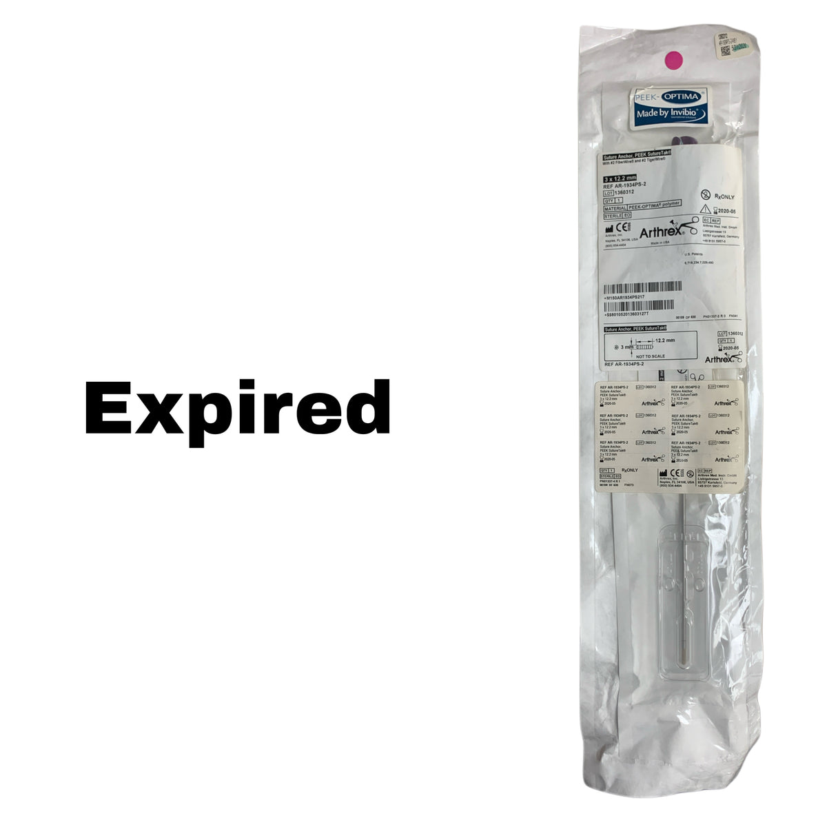 ARTHREX AR-1934PS-2 PEEK SutureTak Suture Anchor 3 x 12.2mm 2 FiberWire & TigerWire, EXP 2020-05
