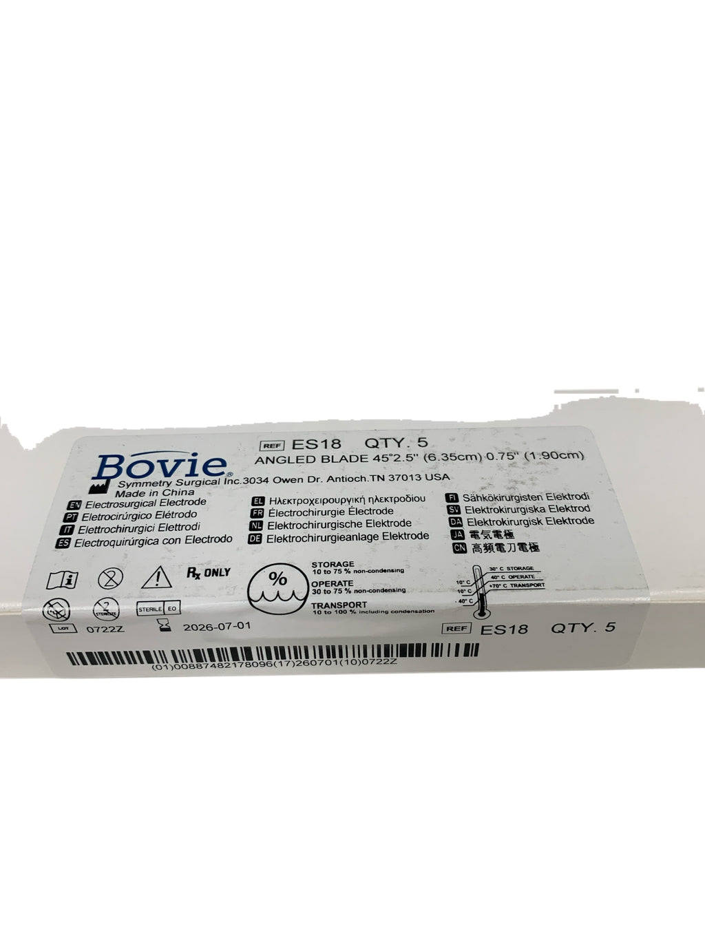 SYMMETRY REF ES18 Bovie Angled Blade Electrosurgical Electrode 2.5" Box of 5, Exp.2026/07