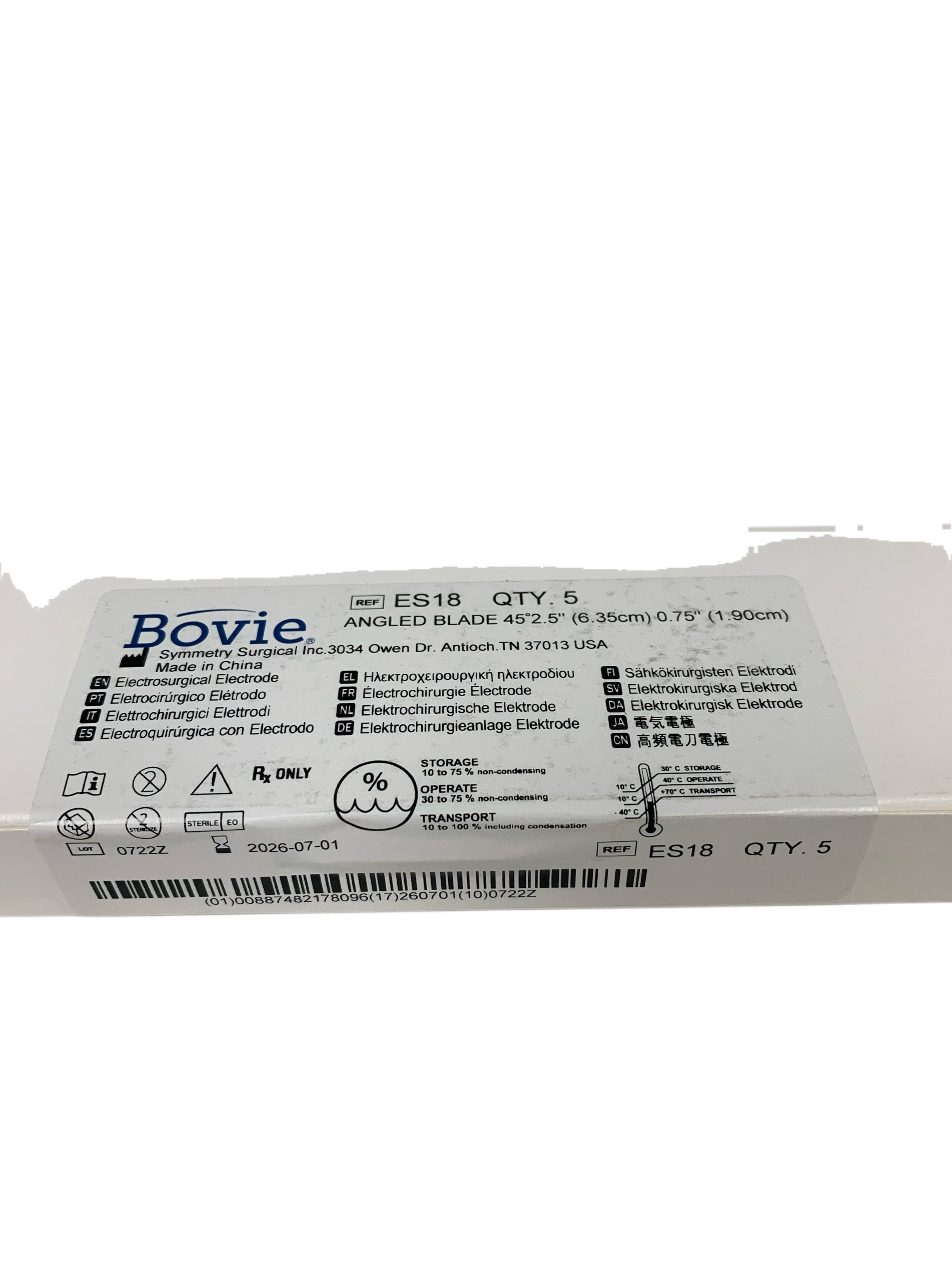 SYMMETRY REF ES18 Bovie Angled Blade Electrosurgical Electrode 2.5" Box of 5, Exp.2026/07