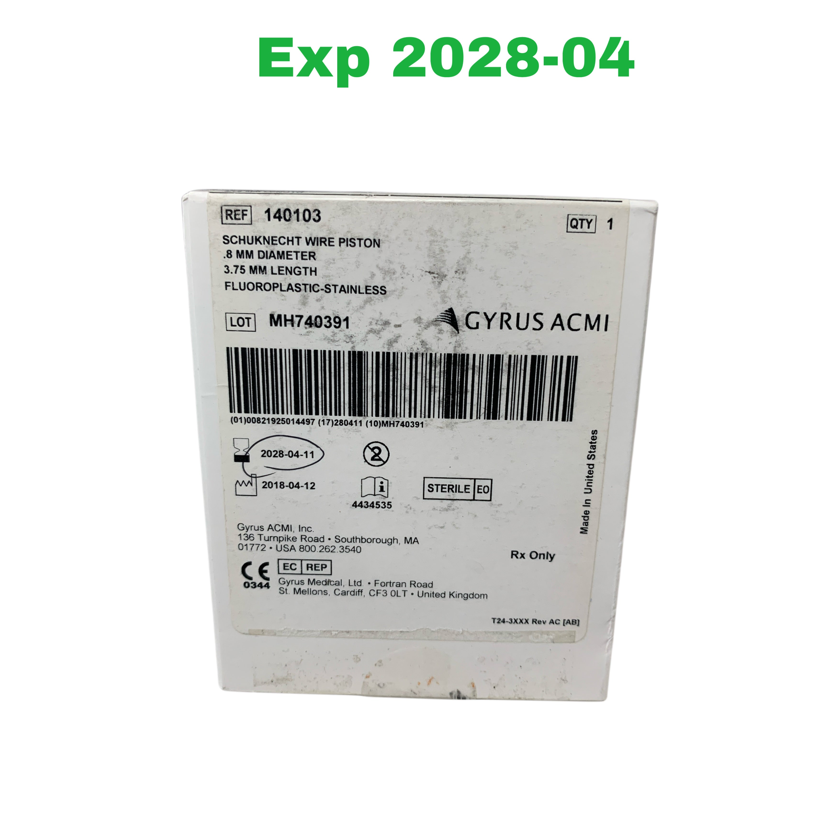 GYRUS ACMI REF 140103 Schuknecht Wire Piston .8 mm Diameter 3.75 mm Length Fluoroplastic-Stainless, Exp.2028/04