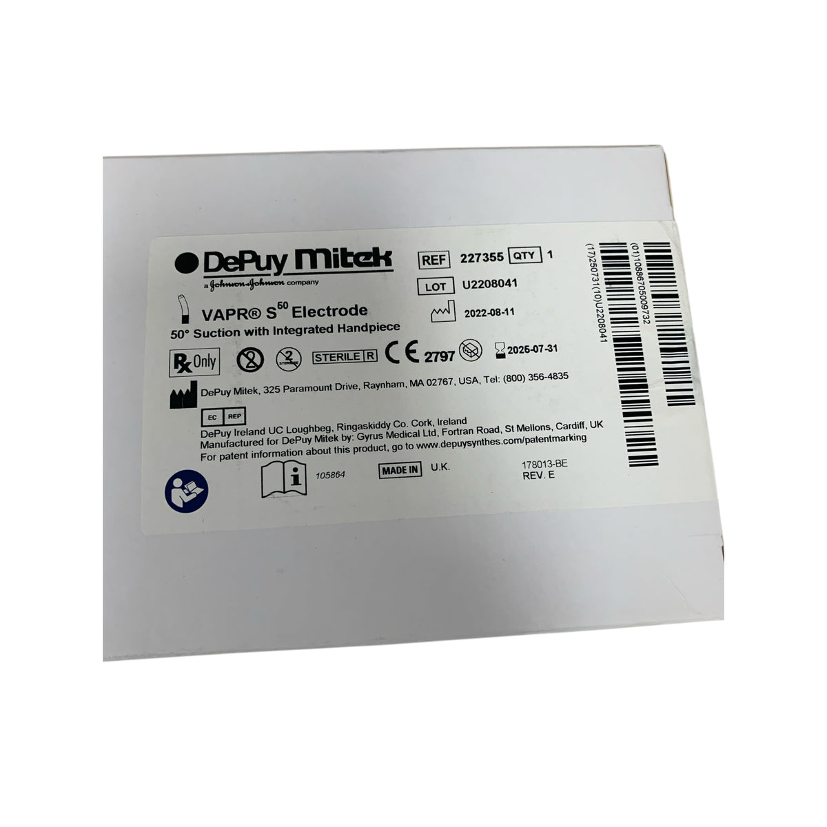 DEPUY MITEK 227355 VAPR S50 Electrode 50 Suction with Integrated Handpiece Exp 2025 07