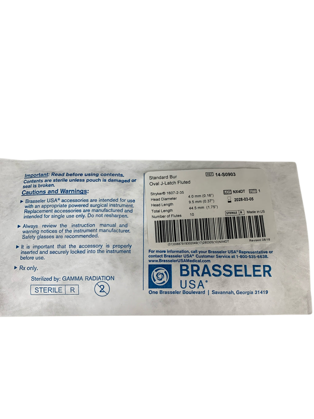 BRASSELER USA REF 14-S0903 Standard Bur Oval J-Latch Fluted Stryker 1607-2-35, Exp.2028/03
