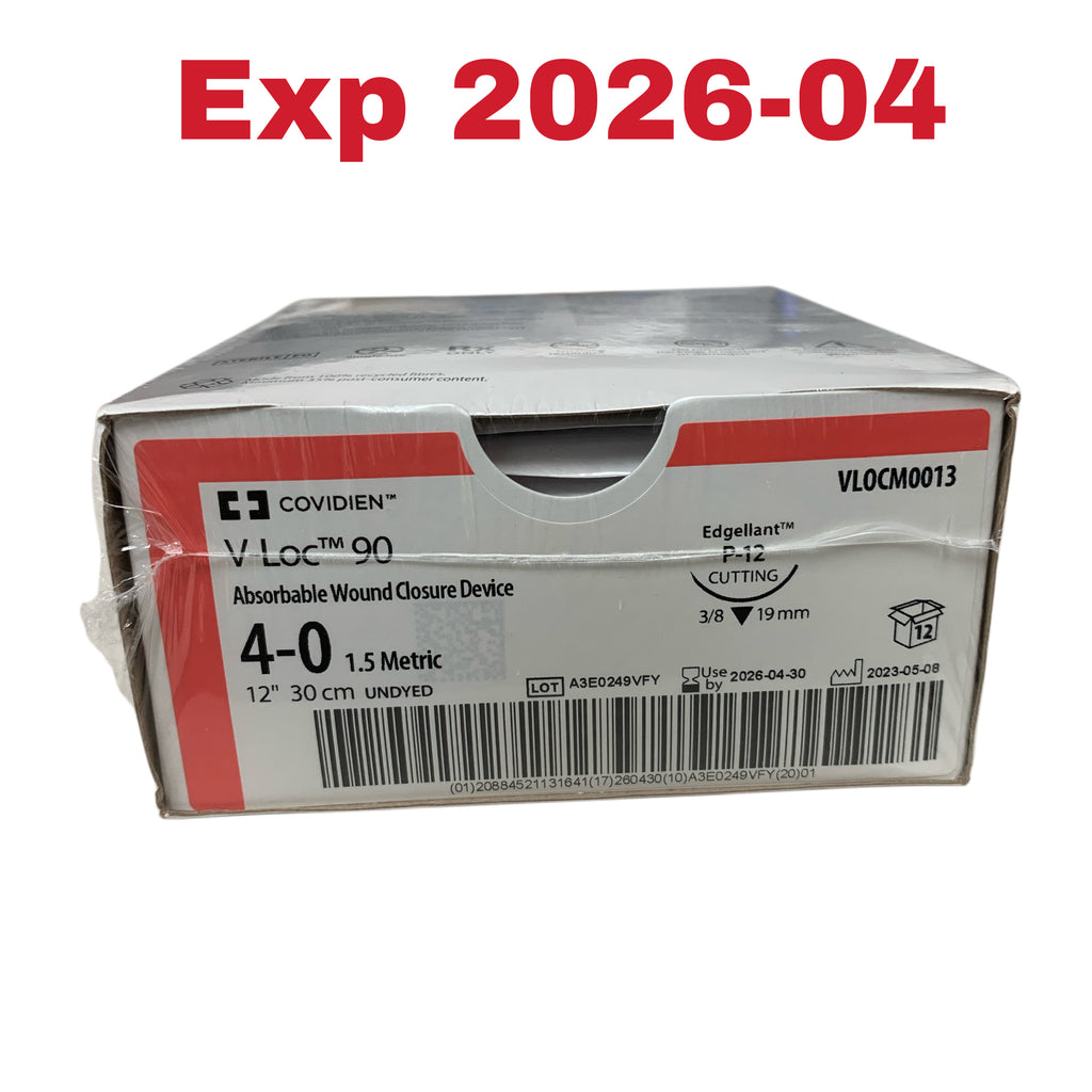 COVIDIEN REF VLOCM0013 V Loc 90 Absorbable Wound Closure Device 4-0 1.5 Metric 12" 30 cm Undyed P-12 Cutting Needle Box of 12 Exp 2026 04