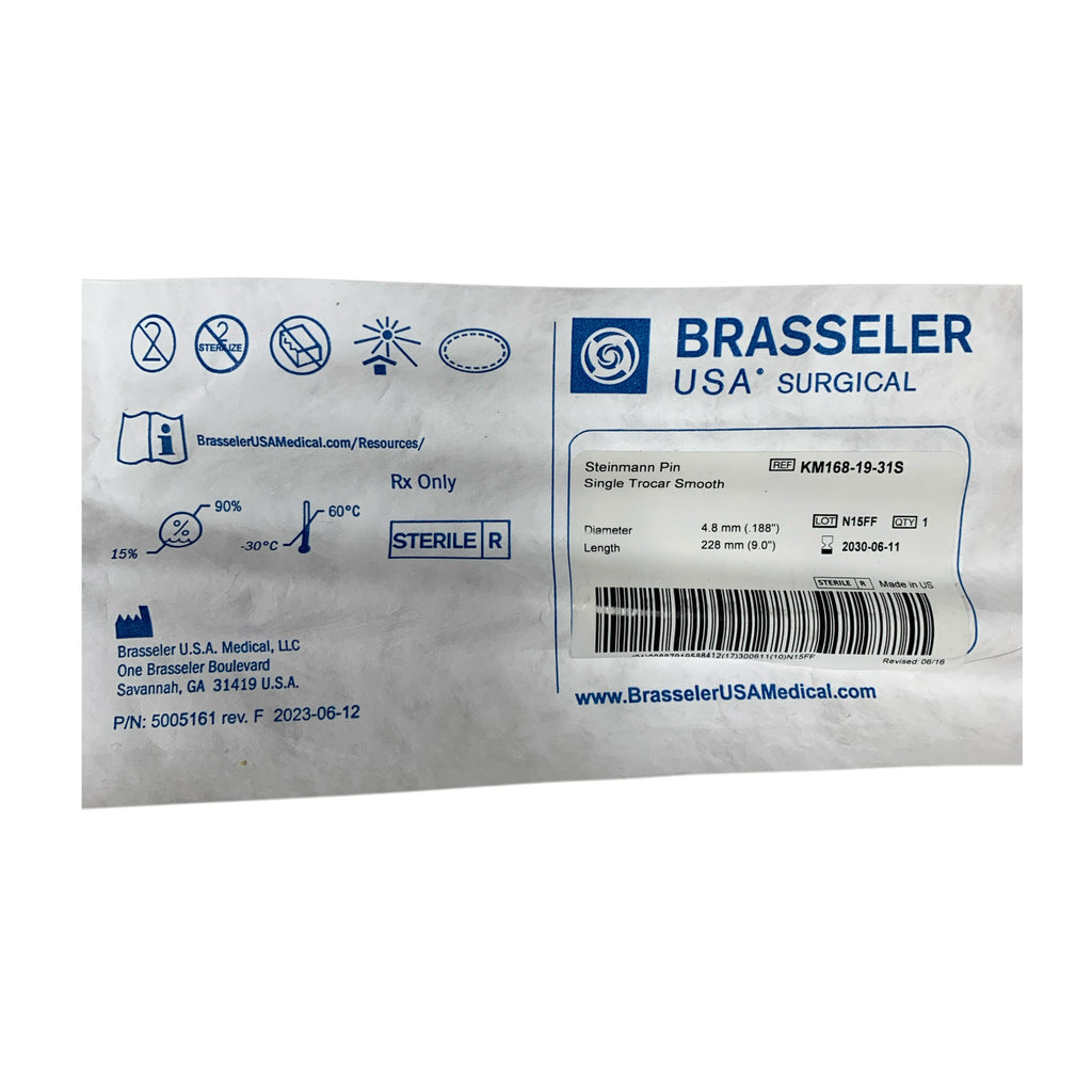 BRASSELER USA KM168-19-31S Steinmann Pin Single Trocar Smooth 4.8 mm .188" 228 mm 9.0" Exp 2030 06