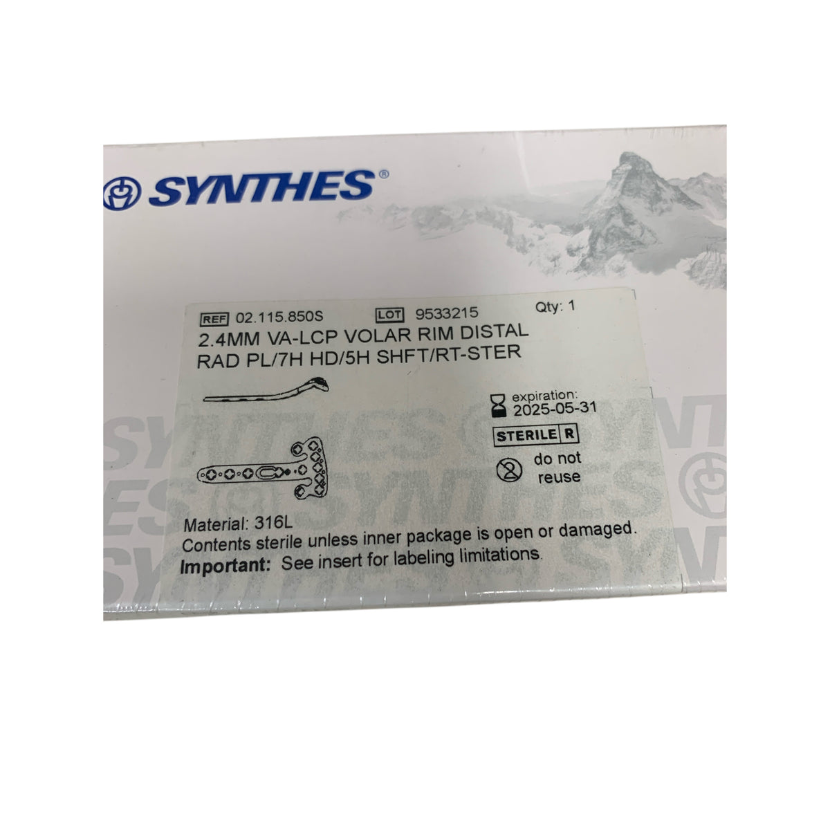 SYNTHES 02.115.850S 2.4MM VA LCP VOLAR RIM DISTAL RADIUS PLATE 316L EXP 2025 05