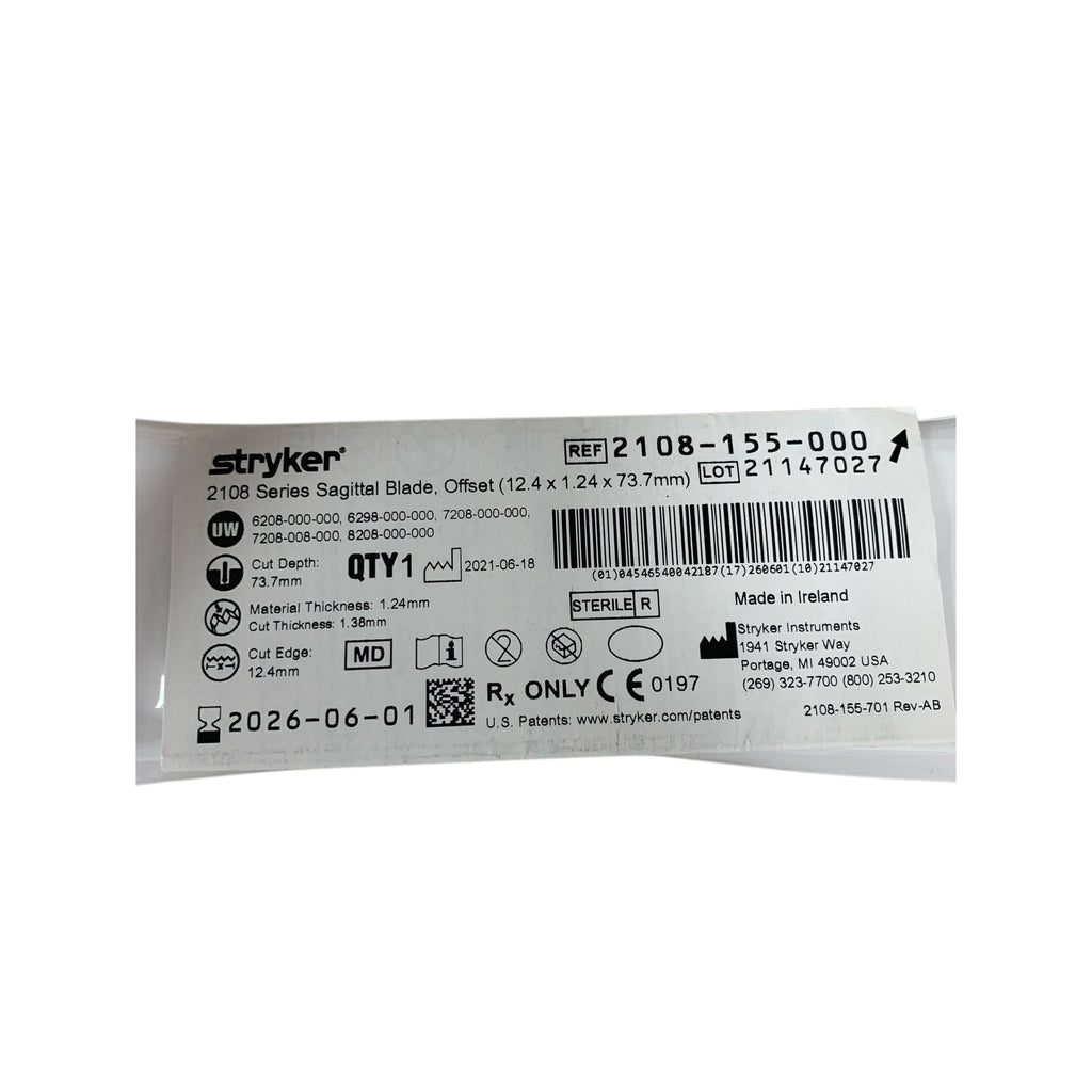 STRYKER 2108-155-000 2108 Series Sagittal Blade Offset 12.4 x 1.24 x 73.7 mm Exp 2026 06