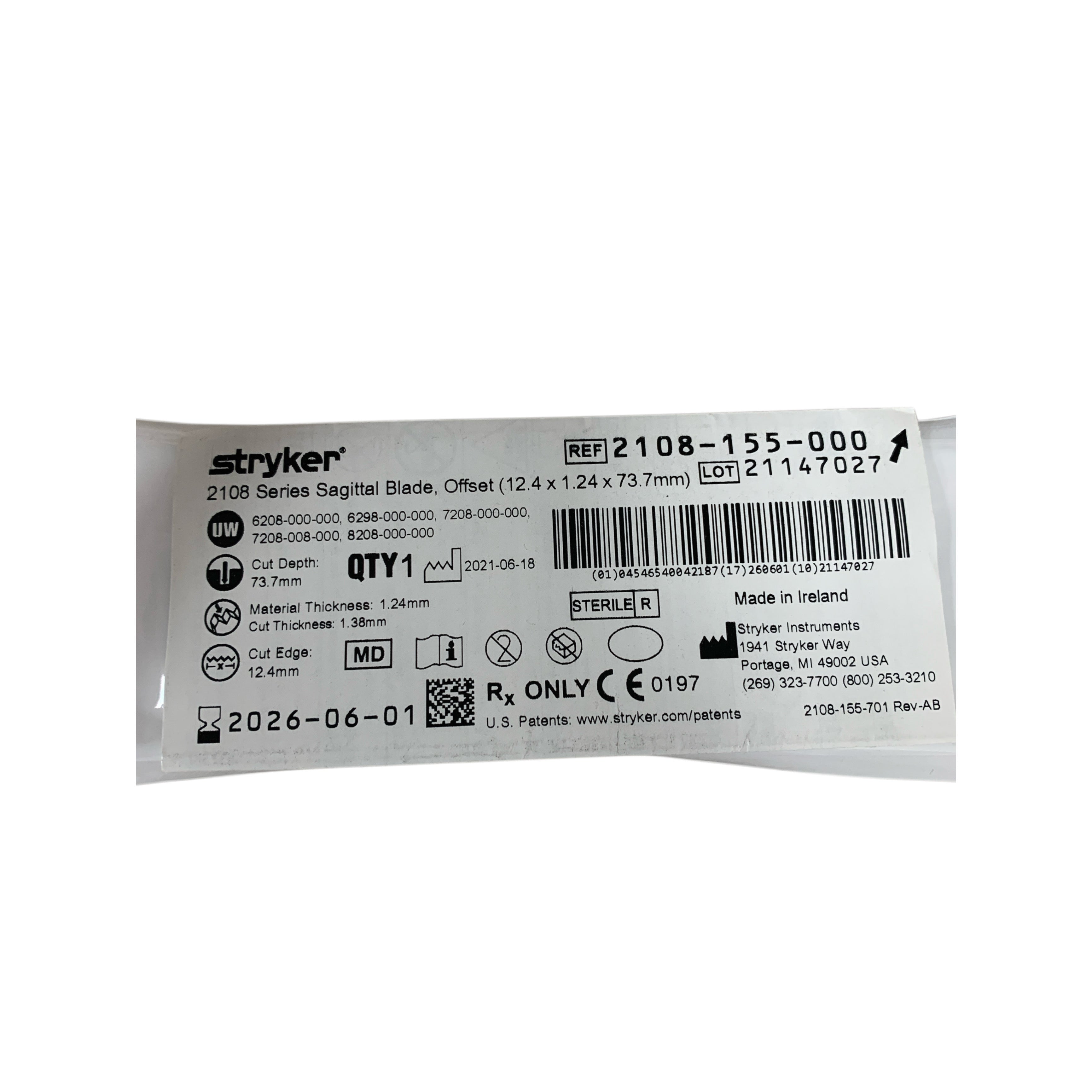 STRYKER 2108-155-000 2108 Series Sagittal Blade Offset 12.4 x 1.24 x 73.7 mm Exp 2026 06