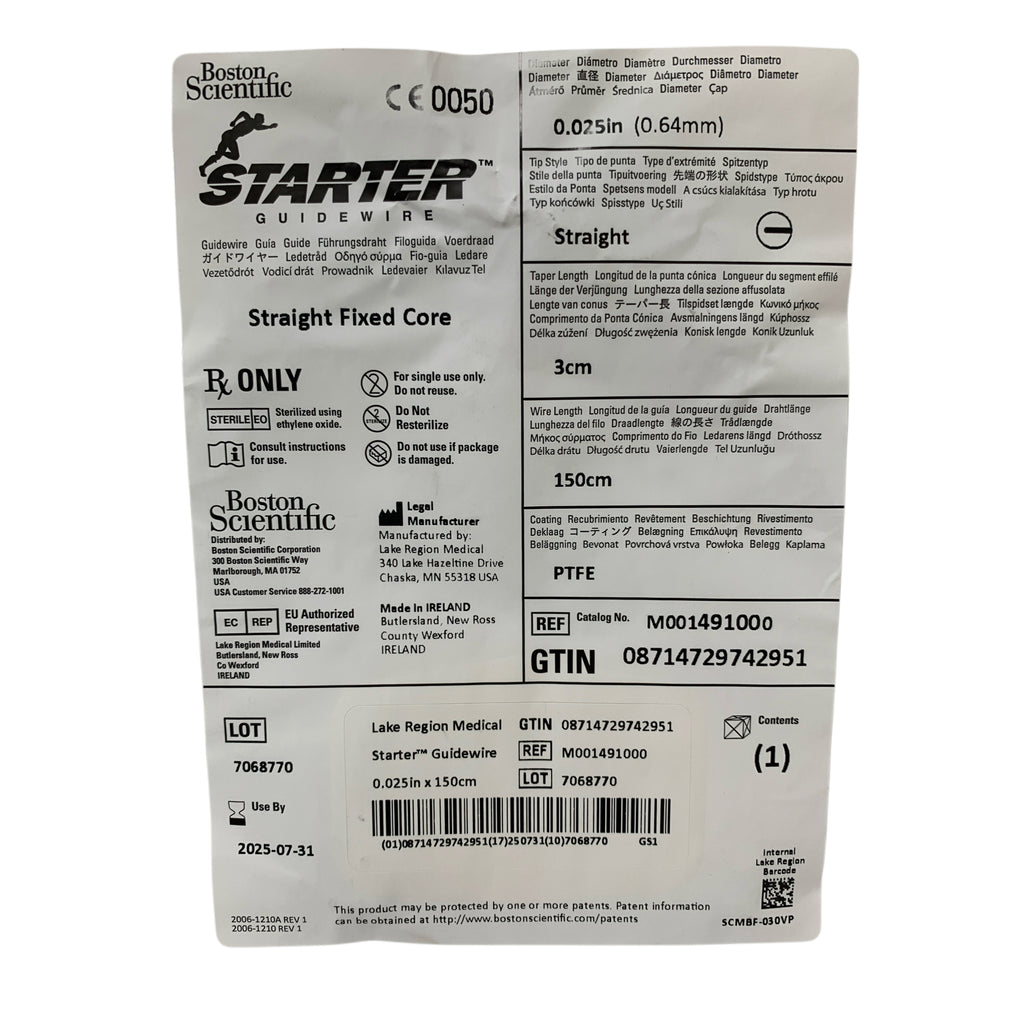 BOSTON SCIENTIFIC REF M001491000 Starter Guidewire Straight Fixed Core 0.025in x 150cm, Exp.2025/07