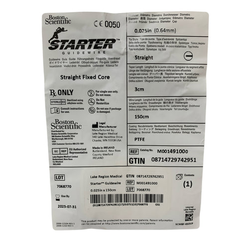 BOSTON SCIENTIFIC REF M001491000 Starter Guidewire Straight Fixed Core 0.025in x 150cm, Exp.2025/07
