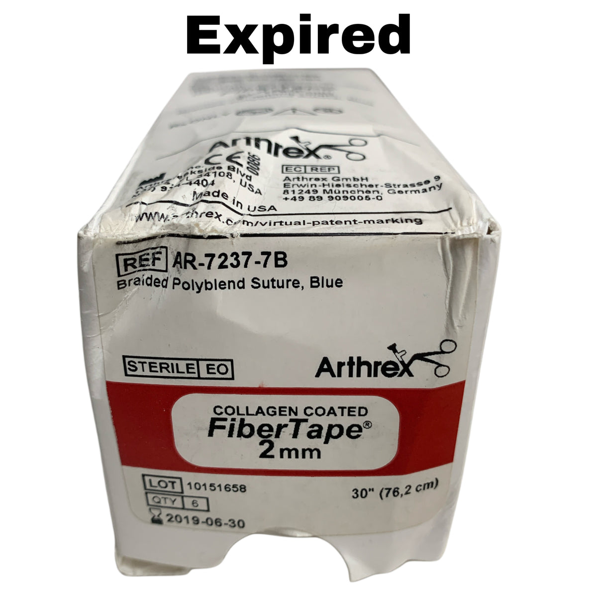 ARTHREX AR-7237-7B Collagen Coated FiberTape 2mm (30 in / 76.2 cm) Blue - Box of 6, EXP 2019-06