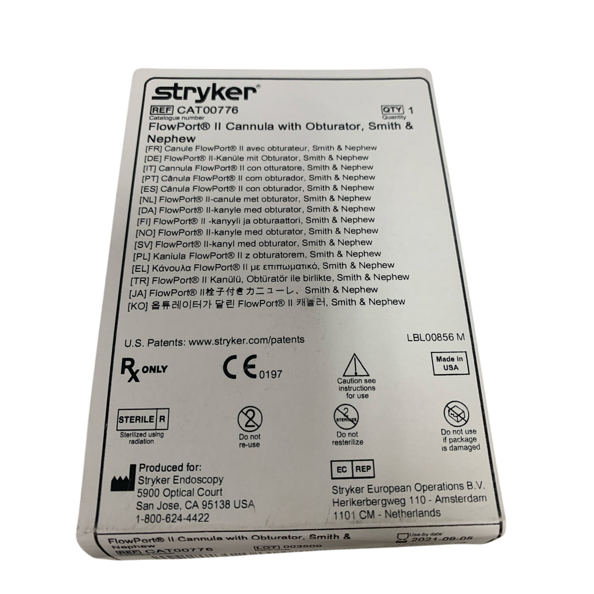 STRYKER CAT00776 FLOWPORT II CANNULA WITH OBTURATOR SMITH NEPHEW EXP 2021 09