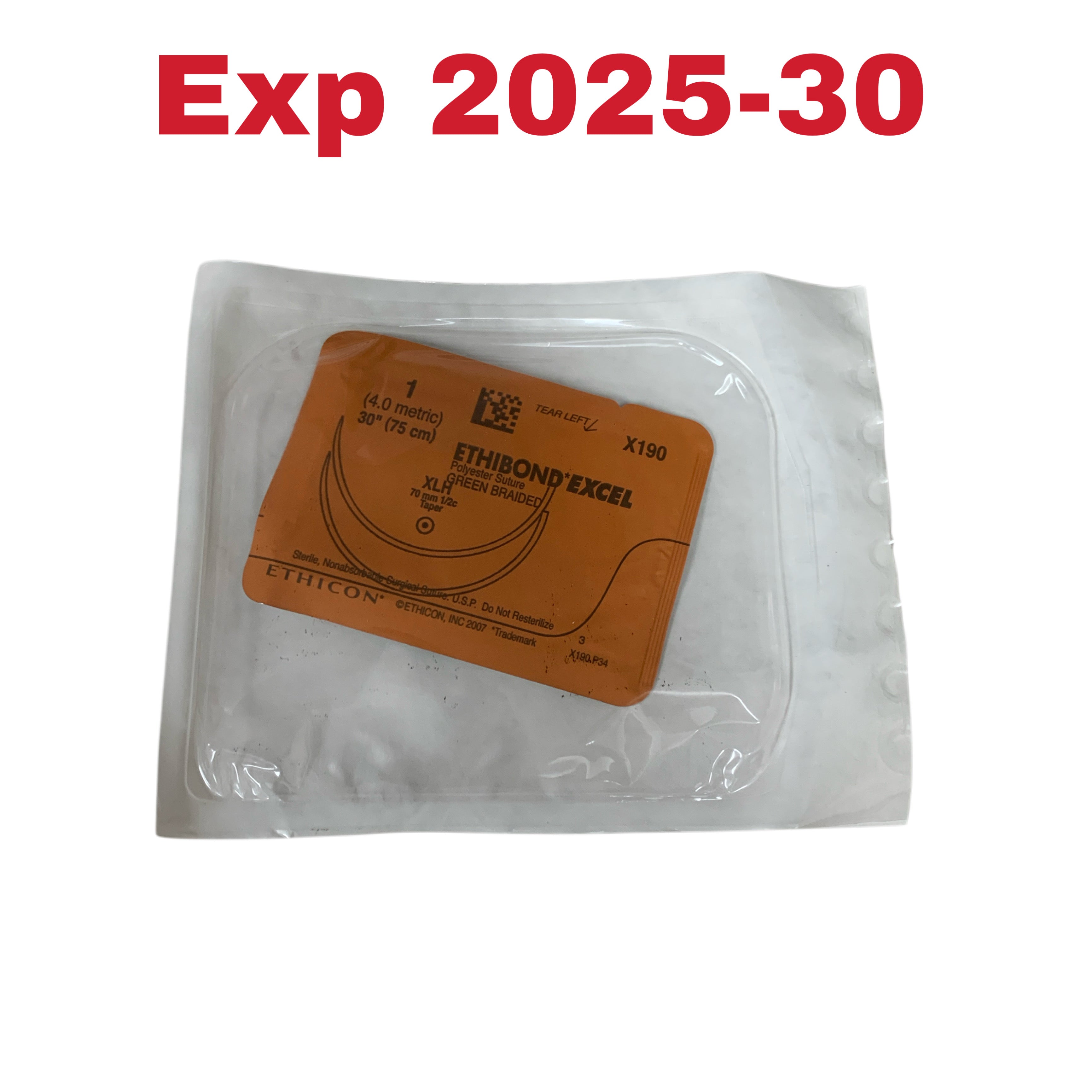 ETHICON REF X190G Ethibond Excel Polyester Suture Green Braided 1 (4.0 metric) 30" (75 cm) XLH Needle, Exp.2025/09